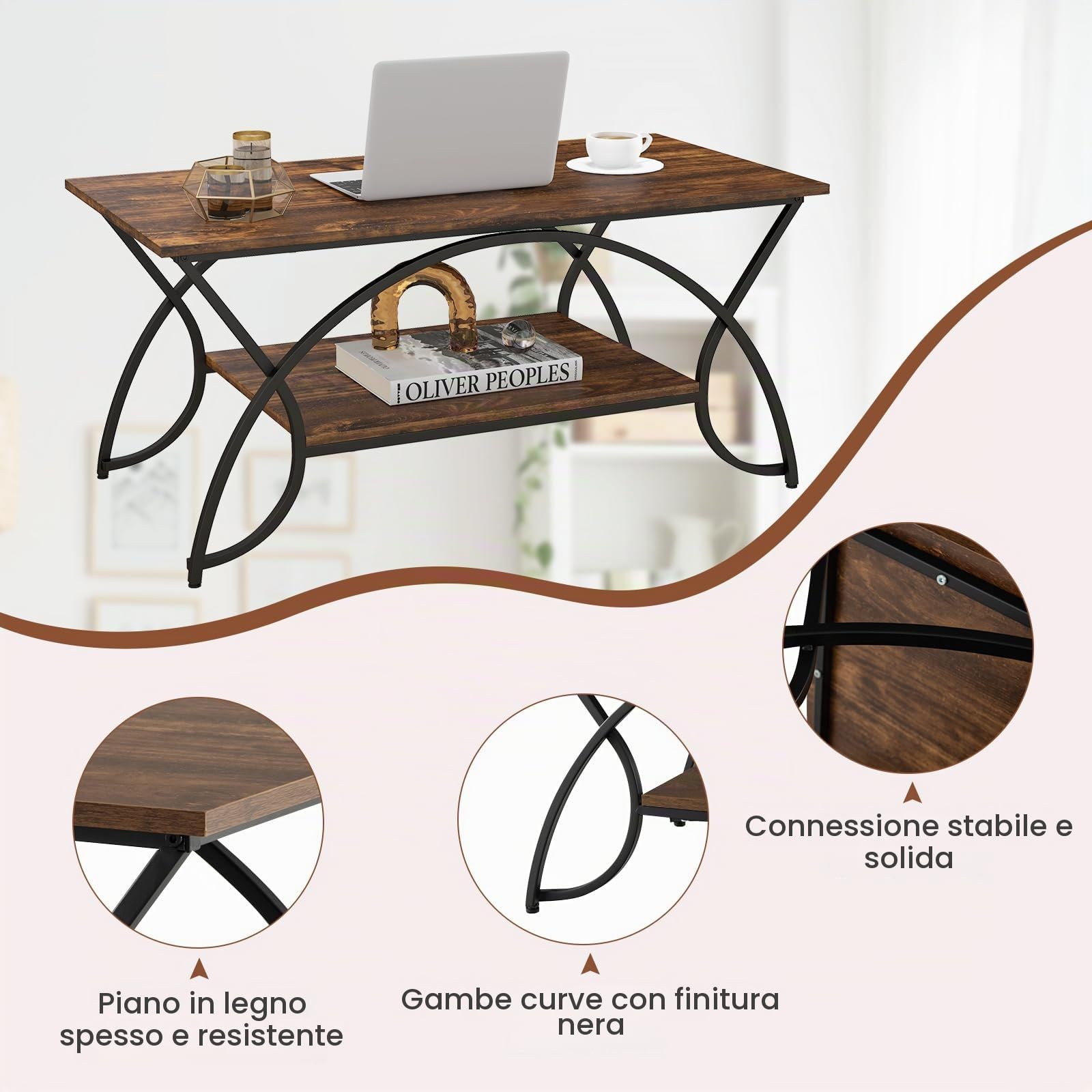 GIANTEX Tavolino da Caffè Oro, Tavolo da Salotto con Gambe in Metallo, Tavolino con Effetto Marmo per Soggiorno, Studio, Camera,110 x 50 x 46 cm (Marrone)