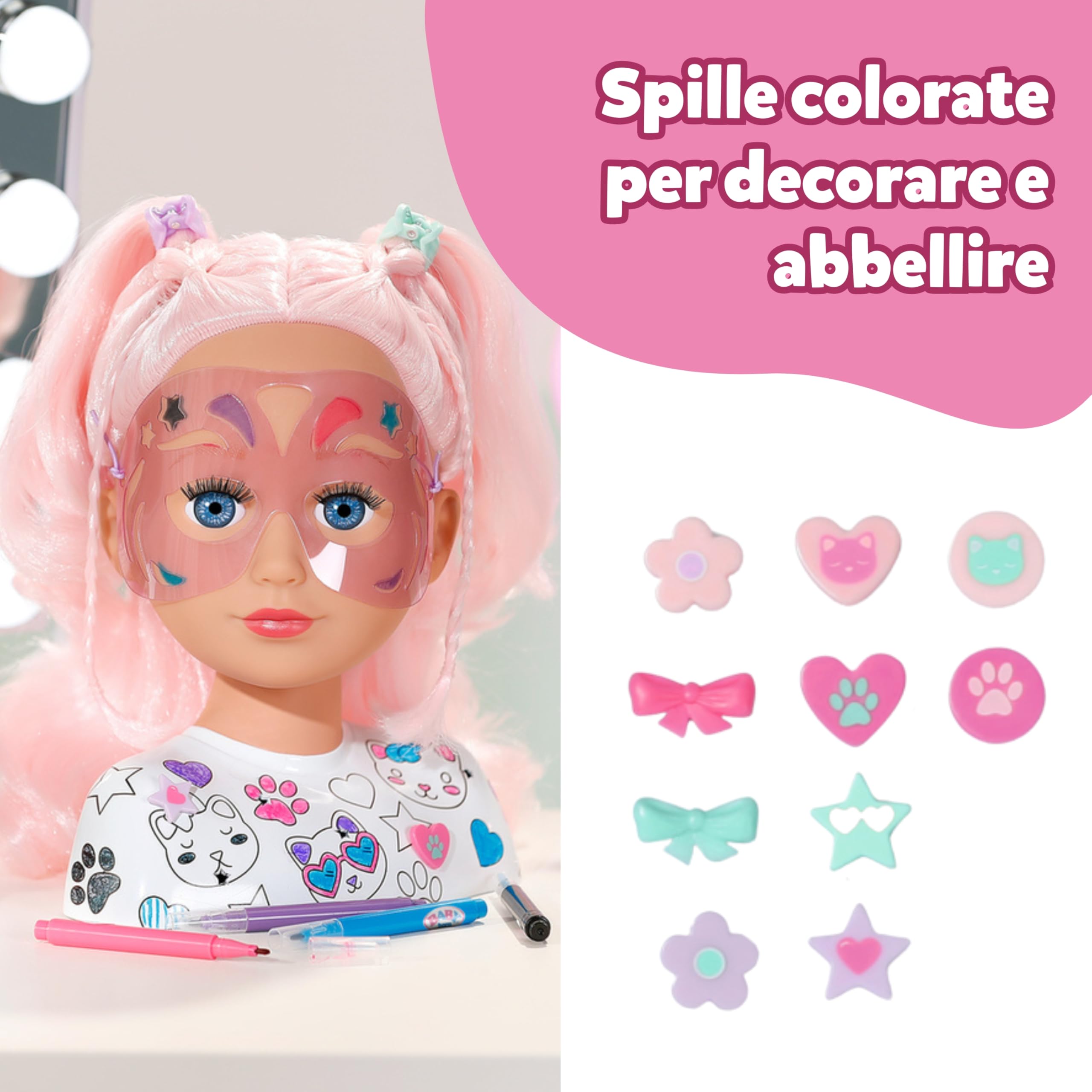 BABY born Testa Creative – Con capelli rosa, pennarelli e oltre 20 accessori - Testa da truccare e pettinare - Dai 3 anni in su