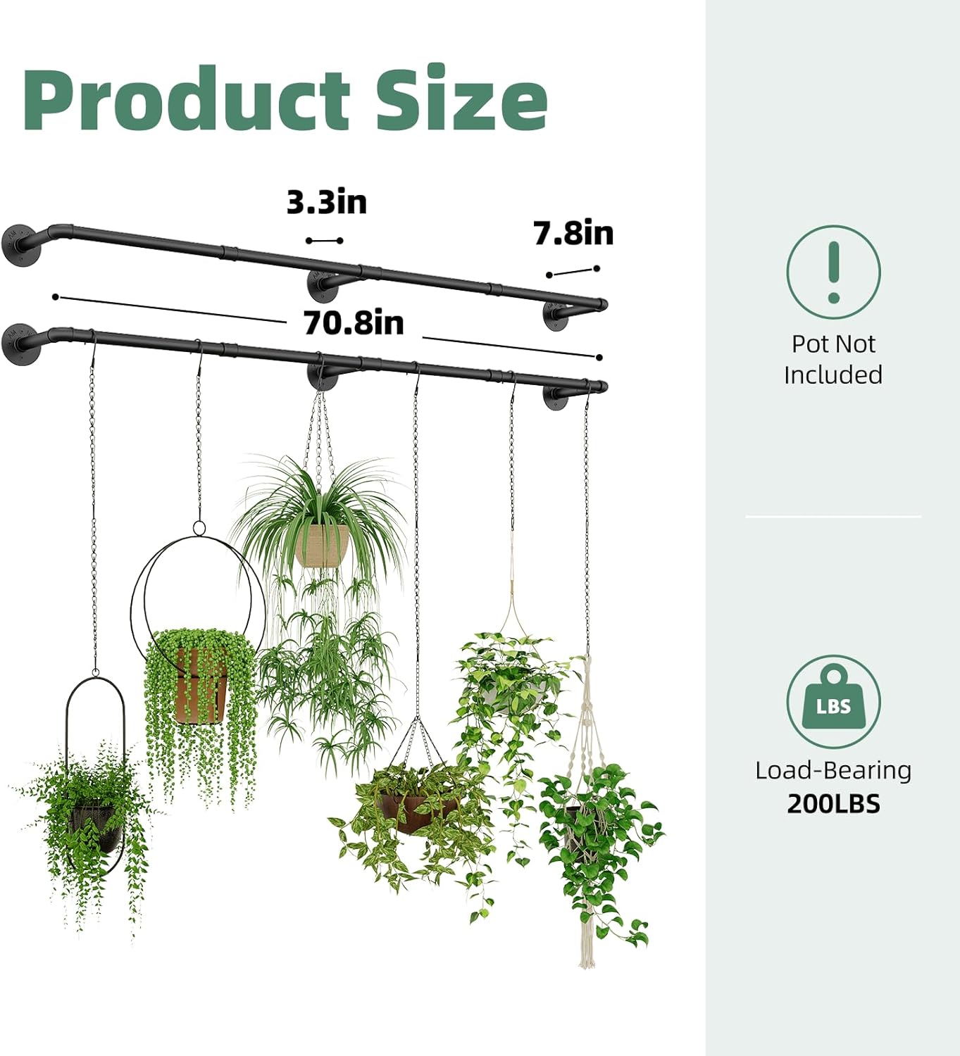 Galood Plant Hanger Indoor Hanging Planters for Indoor Plants Hanging Plant Holder Window Plant Rod Black Metal Shelves 70.8 Inch 2PCS Pot not Included