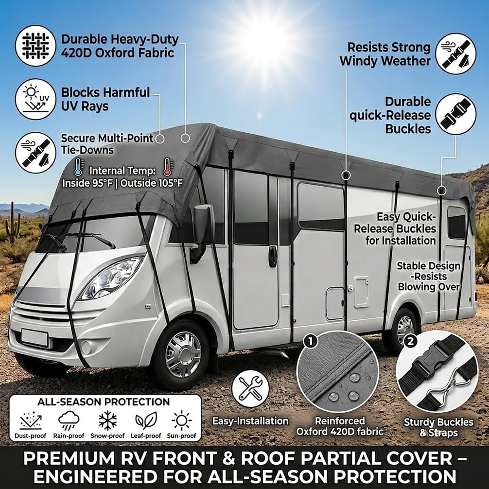 Copritetto Camper Universale in Tessuto Oxford Ultra Resistente, Telo Protezione Tetto Impermeabile 100% per Camper e Caravan, Anti-UV, Antineve e Anti-Muffa,Nero,6.5 * 3M Fits 18to21 ft