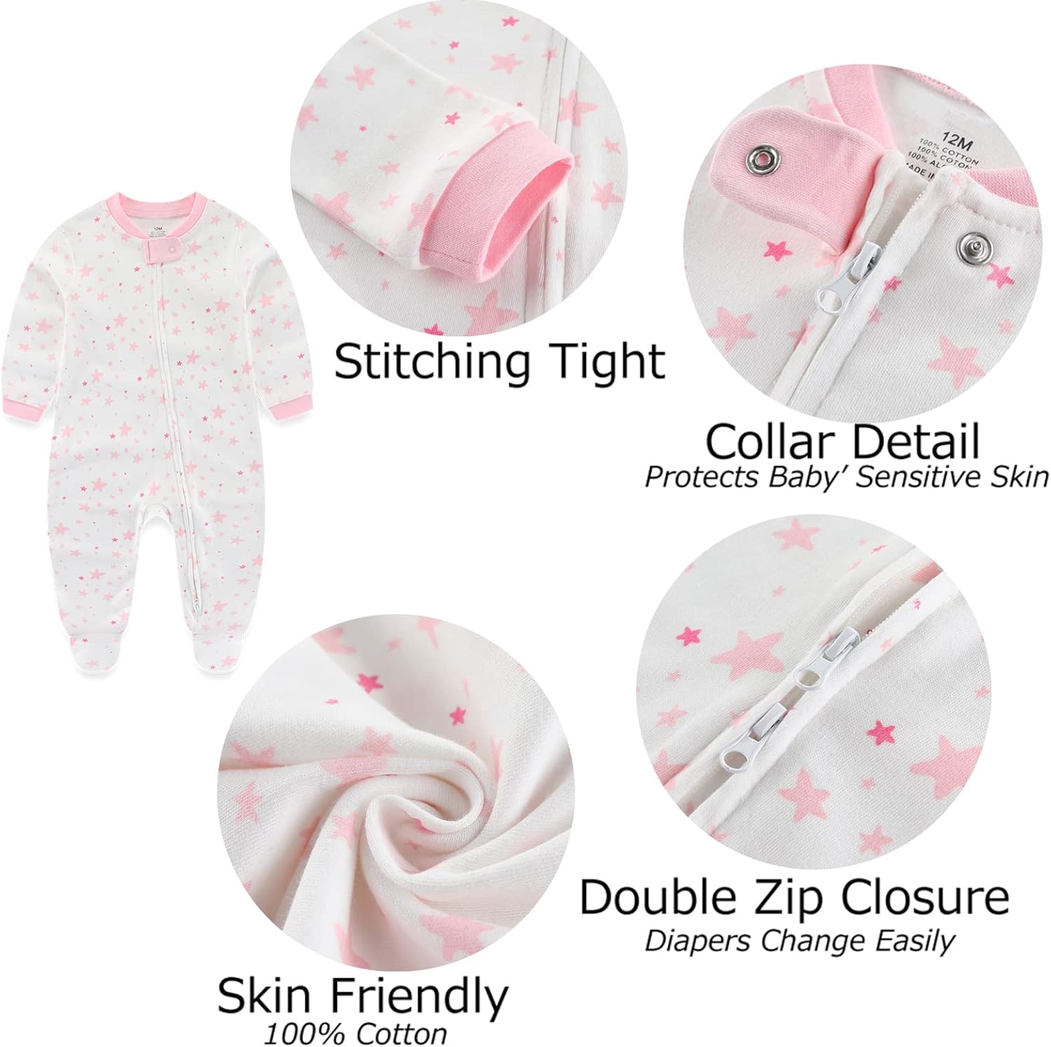 Newborn Baby Boy Girls Clothes 2-Way Zip Footed Cotton Bodysuit 3-Pack Long Sleeve Outfits 0-12Months Baby Pajamas - Image 2