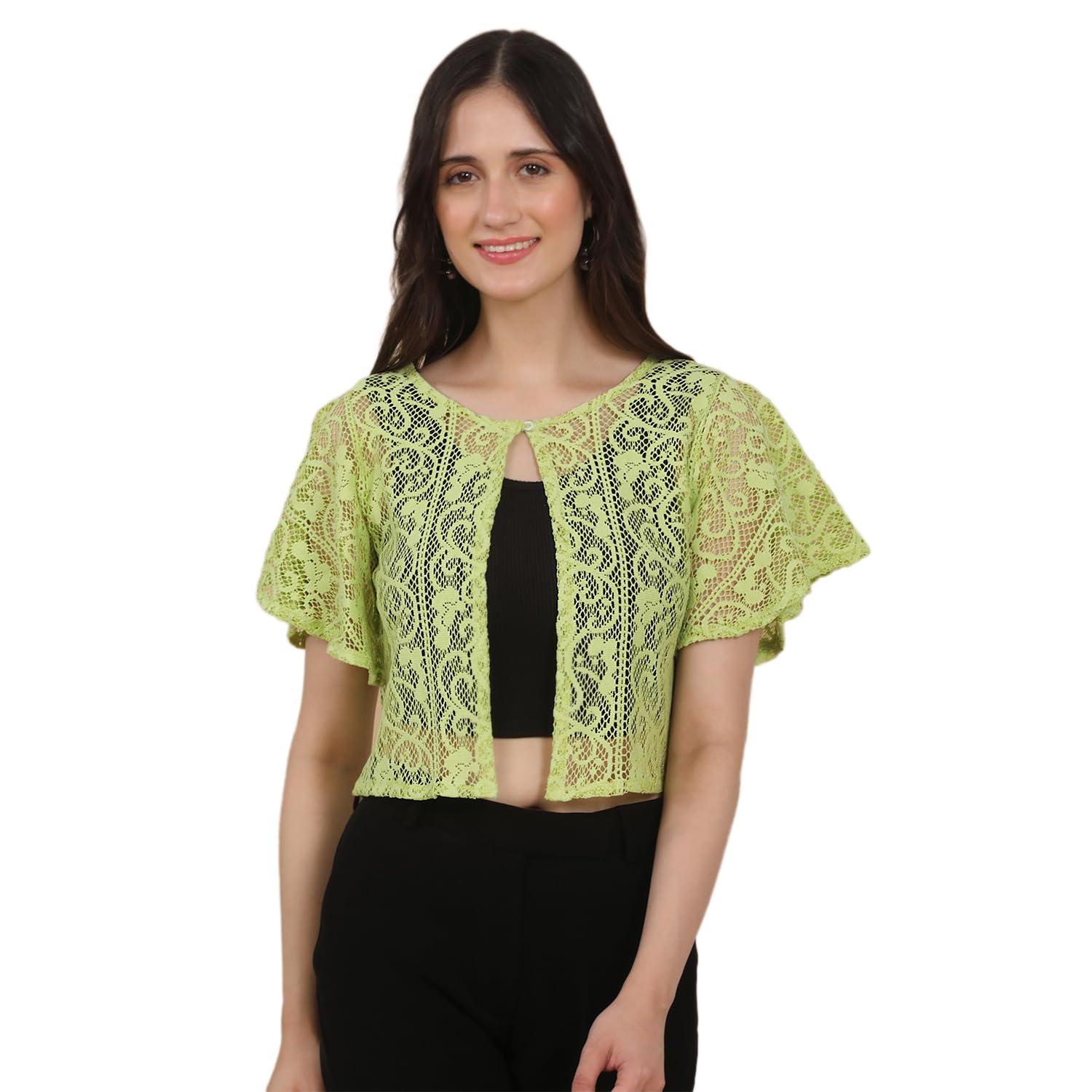 Women's Parrot Green Cotton Blend Crochet Shrug | Open Front Short Cape Shrug | Flared Half Sleeve Casual Layering Jacket for Women-image-44