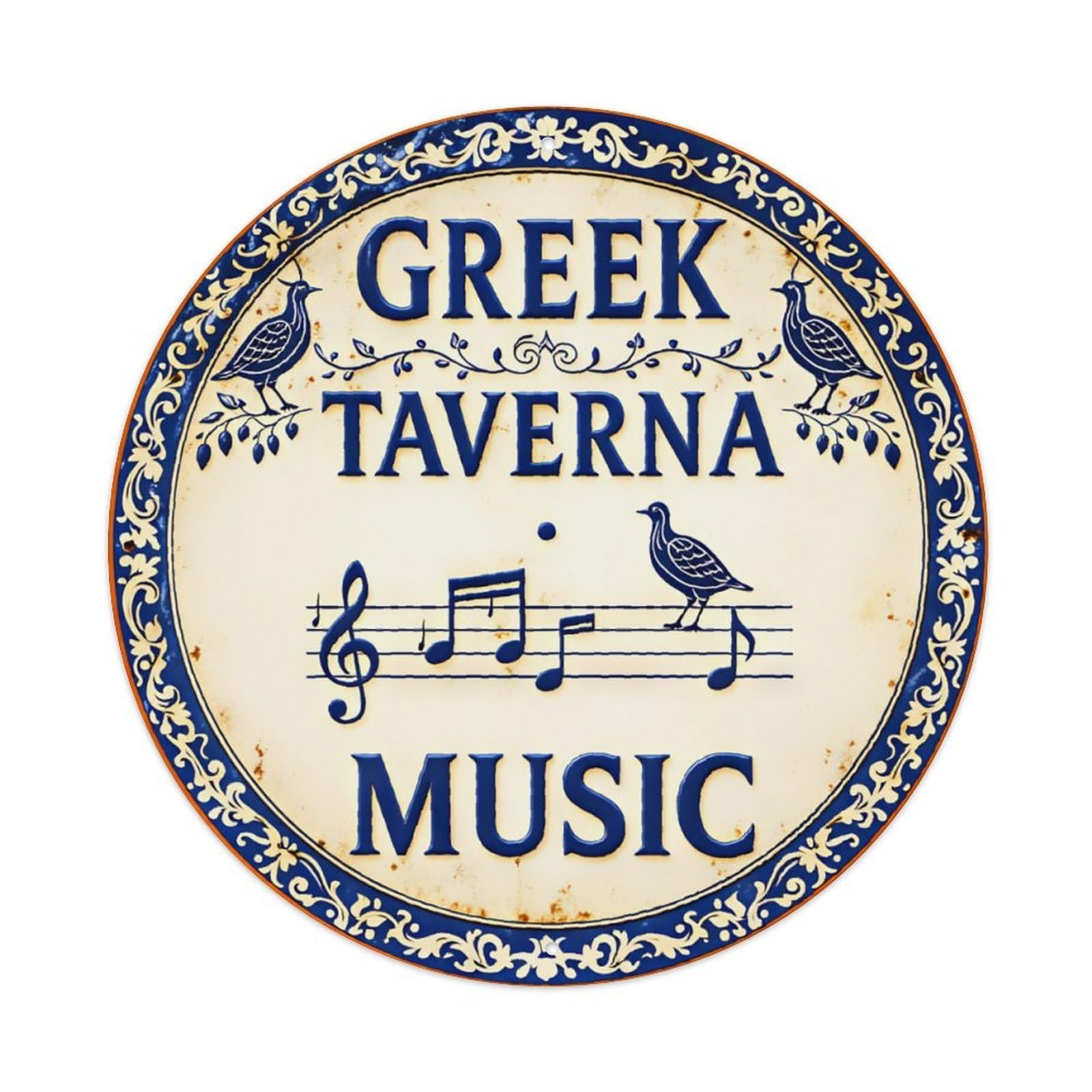 Greek Taverna Music Blue Floral Vintage Decor Plaque Vintage Aluminium Metal Sign, Retro Wall Decor for Home, Bar, Garage & Farmhouse 20x20cm