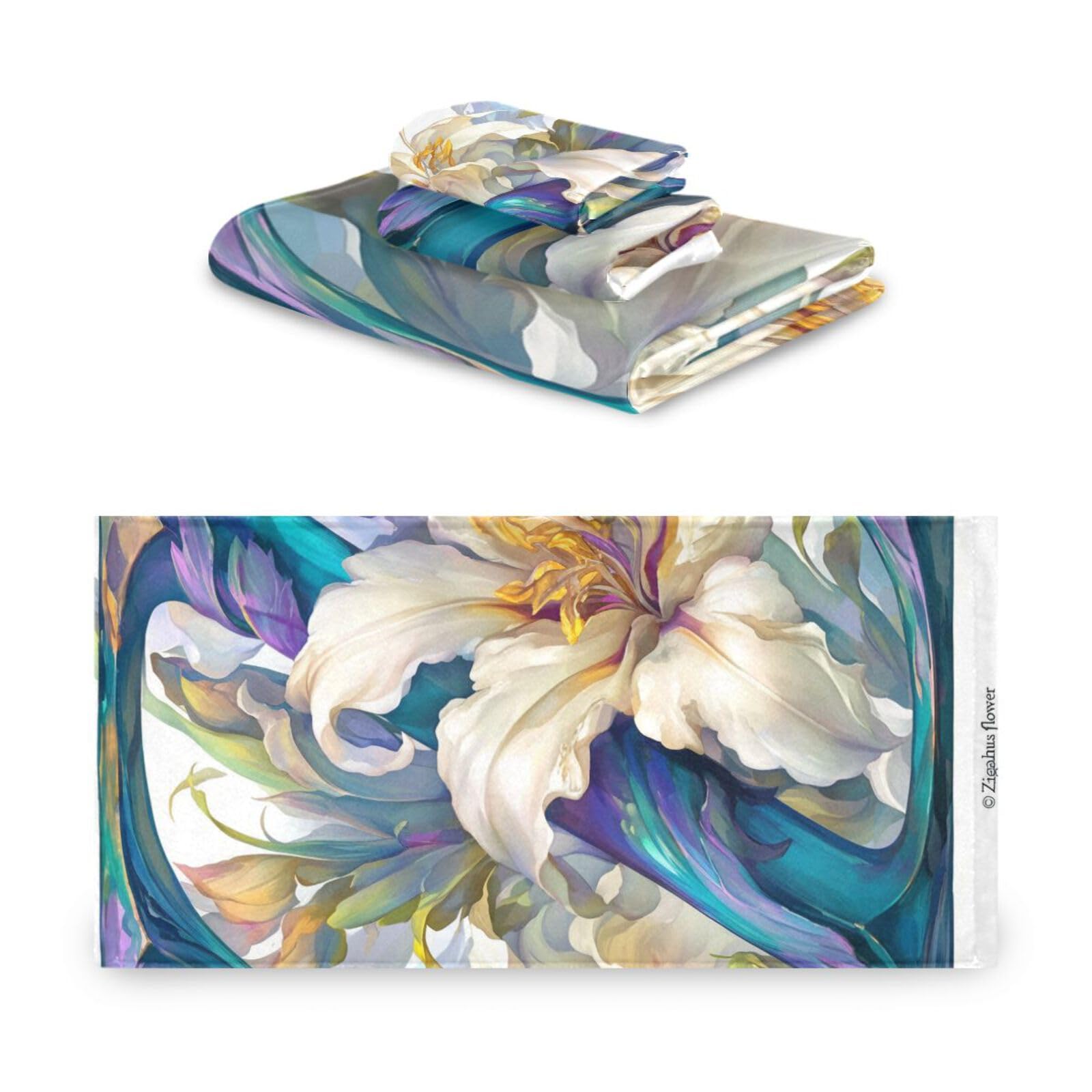 Floralmorphic - Set di 3 asciugamani per la pulizia del viso, con lettera Z, fiori di giglio bianco, 1 asciugamano da bagno, 1 asciugamano per mani, 1 panno per la pulizia del viso e del corpo