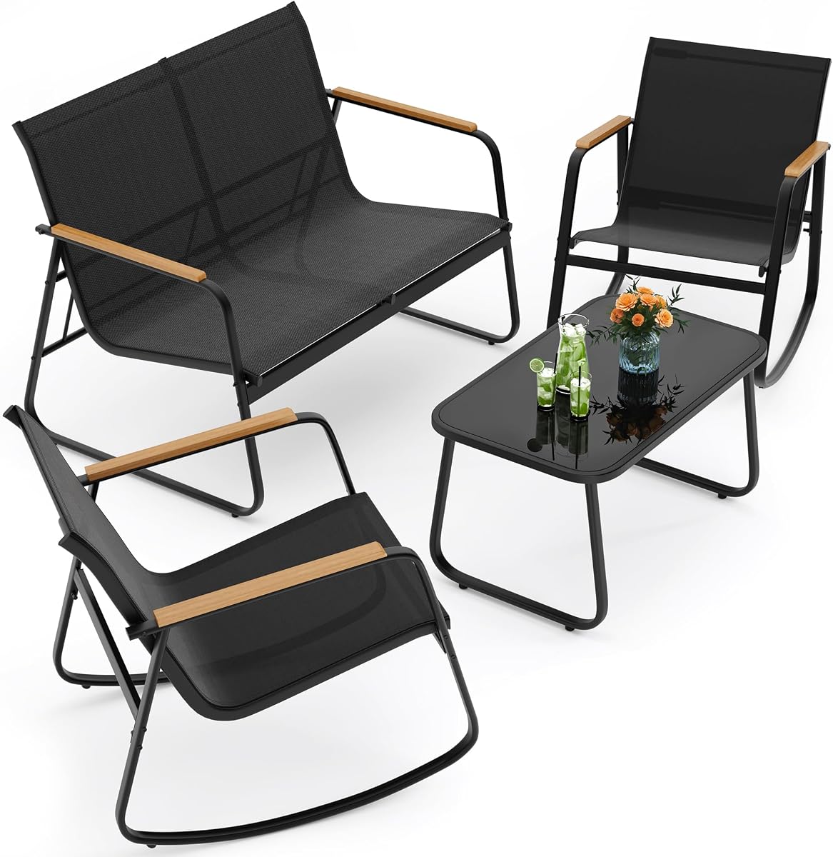 Juego de muebles de patio de 4 piezas, juego de conversación de textileno, negro | Juego de textileno resistente a la intemperie con reposabrazos de madera, 2 mecedoras y mesa de centro para patio, balcón y vida al aire libre