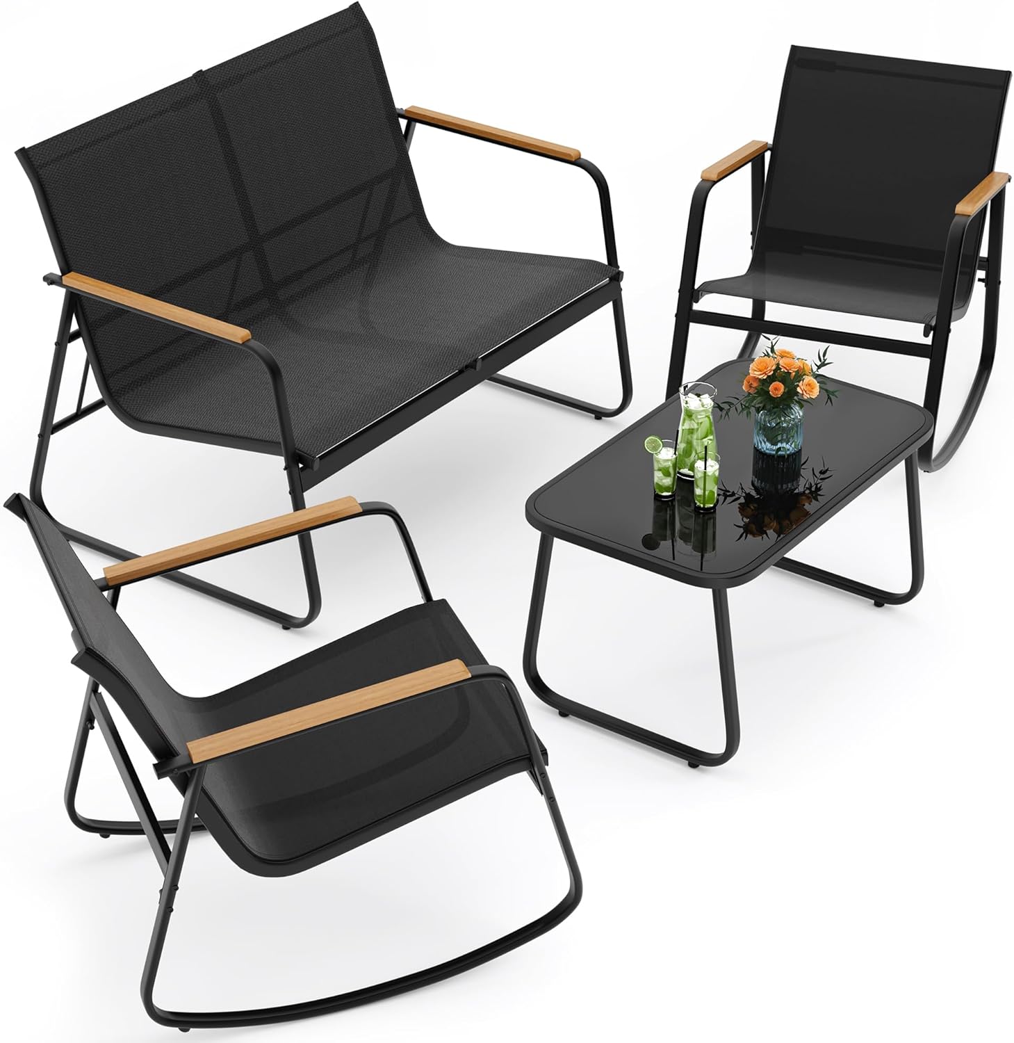 Ahomly 4-Piece Patio Furniture Set, Textilene Outdoor Conversation Set with 2 Rocking Chairs and Tempered Glass Coffee Table, for Lawn, Garden, Balcony, Poolside (Black)