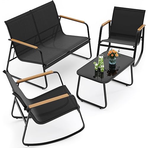 Ahomly 4-Piece Patio Furniture Set, Textilene Outdoor Conversation Set with 2 Rocking Chairs and Tempered Glass Coffee Table, for Lawn, Garden, Balcony, Poolside (Black)