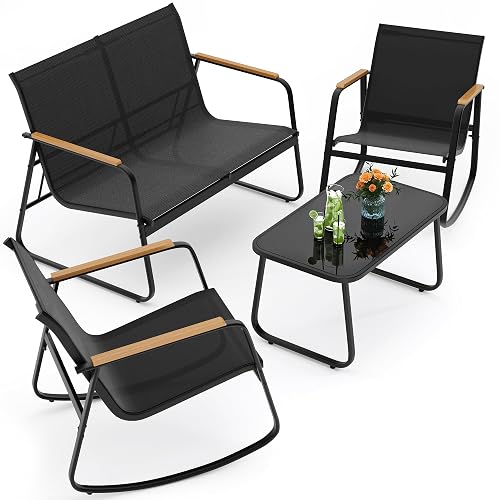 Ahomly 4-Piece Patio Furniture Set, Textilene Conversation Set, Black | Weather-resistant Textilene Set with Wooden Armrests, 2 Rocking Chairs and Coffee Table for Patio, Balcony and Outdoor Living - 4Pcs - Black