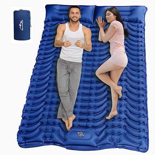 Colchoneta de dormir doble para camping, 4 pulgadas extra gruesa, colchón de campamento autoinflable para 2 personas con almohada, bomba de pie