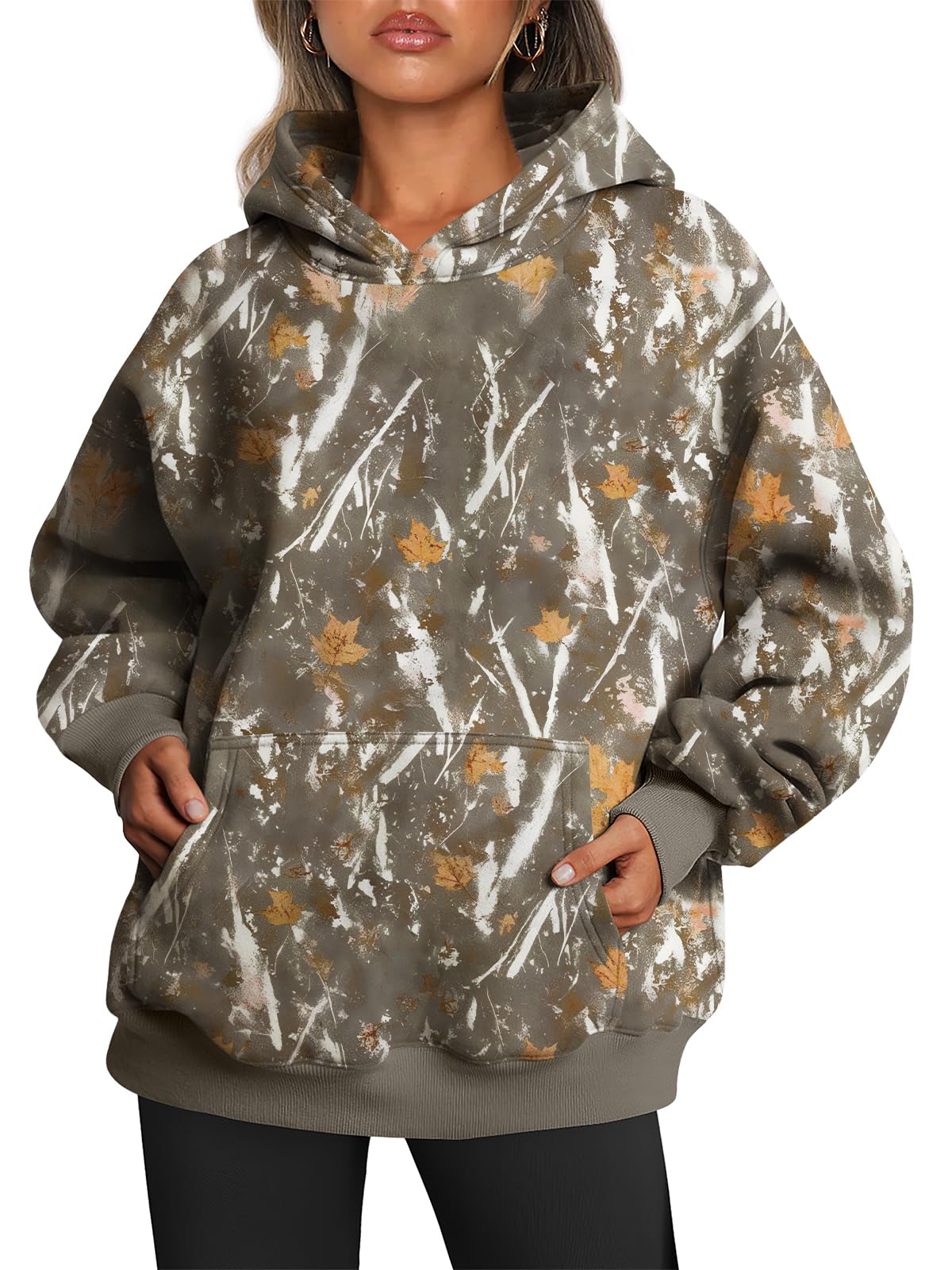 Trendy Queen Women's Oversized Fleece Pullover Hoodie, Camo Maple, Large, 50% Polyester 50% Cotton