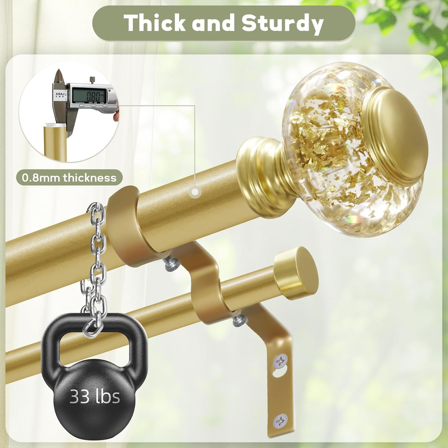 Gold Double Curtain Rod For Windows 28 to 48 Inch, 1 Inch Diameter Heavy-Duty Adjustable Dual Curtain Rod with Decorative Gold Foil Finials, Double Curtain Rod for Bedroom and Living Room