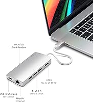 Vista 5 de Satechi Adaptador multipuerto USB C Hub 8 en 1 V2, 4K HDMI, carga USB C PD de 115 W, 3 USB-A, Ethernet, lectores de tarjetas Micro/SD, para laptop