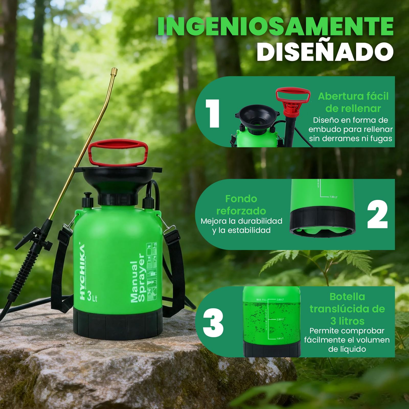 HYCHIKA Pulverizador Agua 3L, Pulverizador Plantas con Boquilla Ajustable y Correa para el Hombro, Sulfatadora Manual Spray Bottle Adecuado para Jardin, Patios y Mantenimiento de Plantas