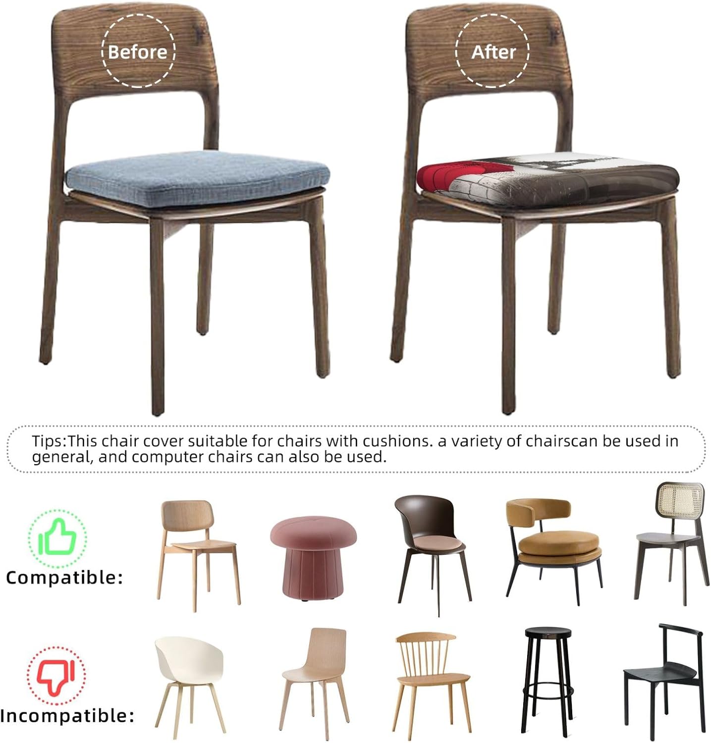 Eiffel Tower Paris Square Chair Covers with Non-Slip Backing, Set of 2, Red