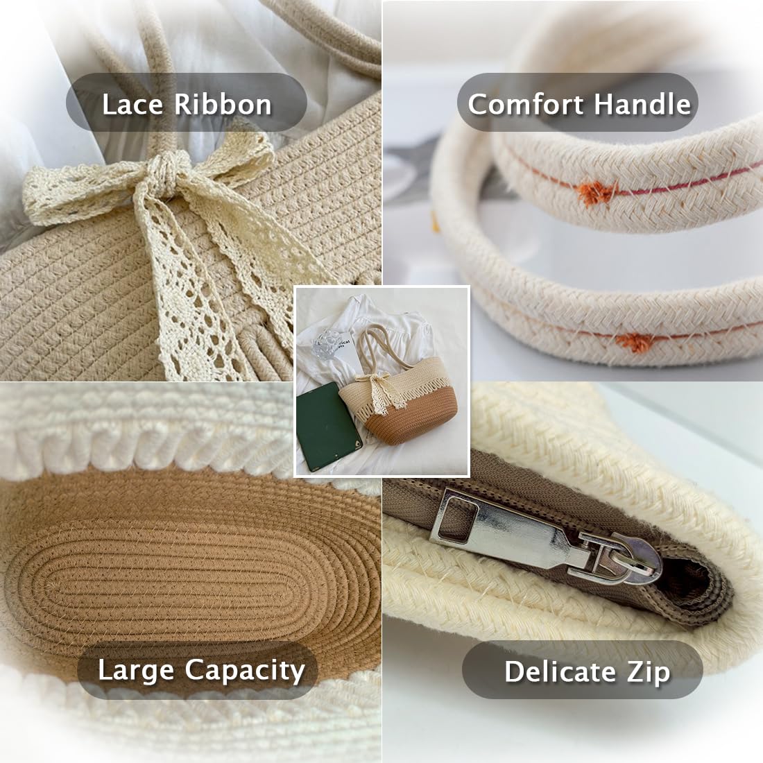 Pahajim Sac Cabas Femme Sac Fourre Tout Sacs a Main Crochet en Corde de Coton Chic Sacs Panier avec Fermeture Éclair pour Voyage Vacances