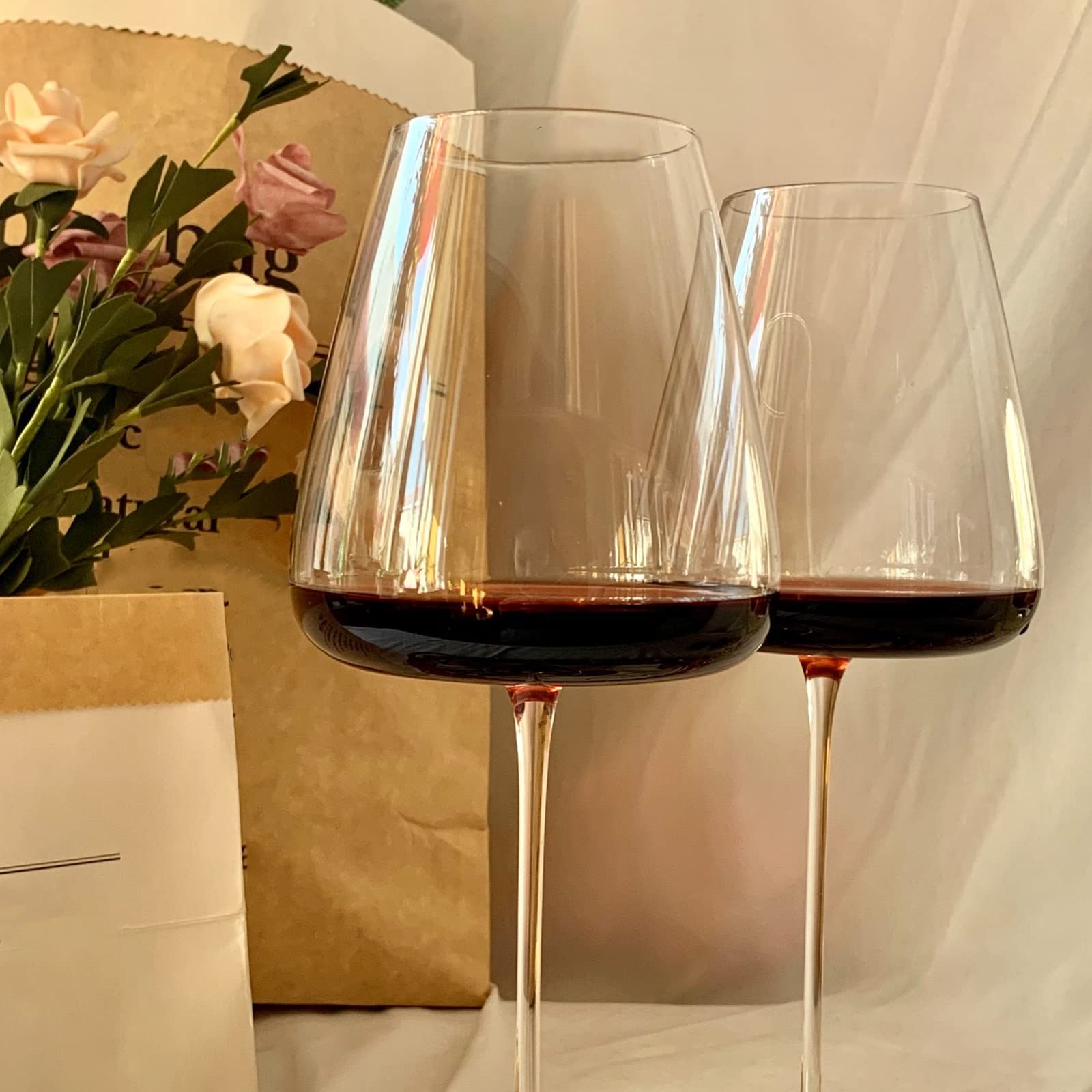 Set di 2 bicchieri da vino rosso in cristallo soffiato a mano, stelo lungo, grande capacità, per degustazione di vino, per matrimoni, anniversari, Natale, eleganti calici per occasioni speciali (680