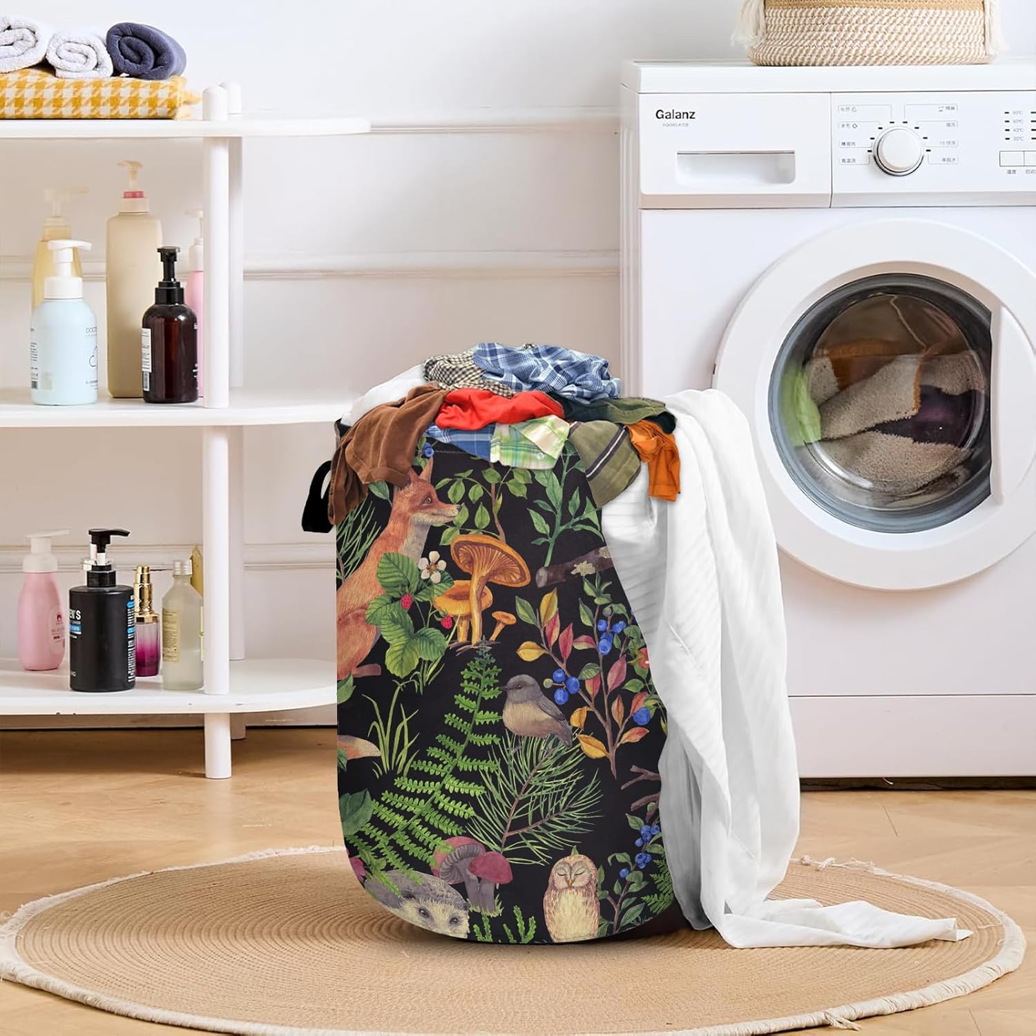 Leaves Mushroom Flower Laundry Basket with Sturdy Handles, Fox Bird Owl Collapsible Oxford Cloth Laundry Hamper Organizer Basket for Bathroom Bedroom 15.7x20 Inch