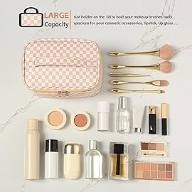 Meiyuuo Makeup Bag Large Cosmetic Bags for Women Girls Cute Travel Zipper Pouch Toiletry Organizer for Beauty Essentials Waterproof (Plaid Khaki)