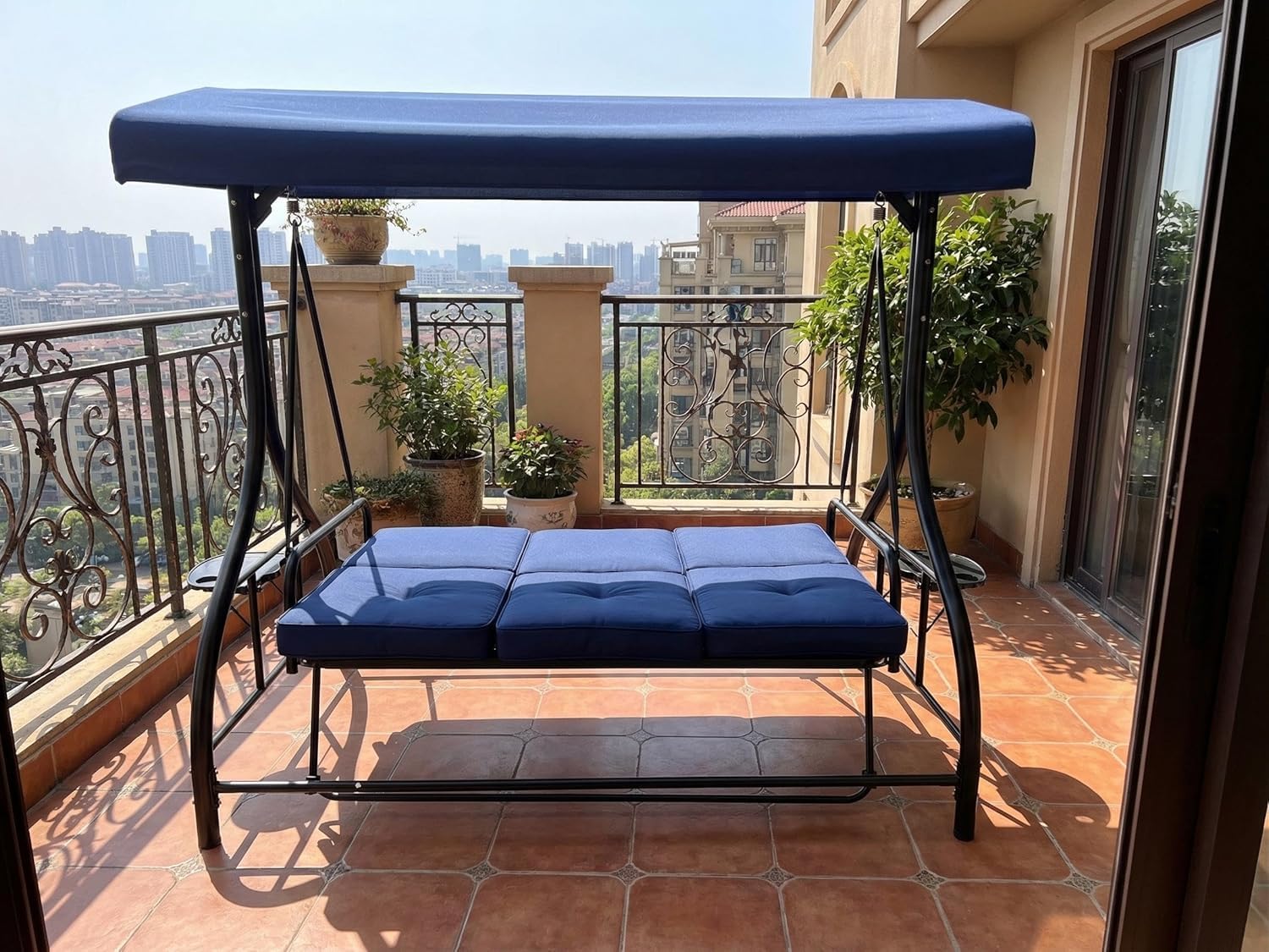 3-Seat Outdoor Swing Chair with Adjustable Canopy - Convertible Swing Bed - Thick Cushions, Built-in Cup Holders - Sturdy Weather-Resistant Steel Frame - Patio, Garden, Backyard, Navy Blue