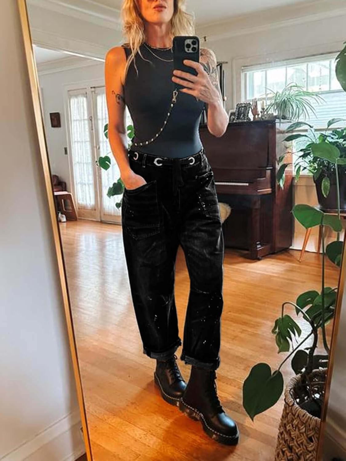 Cicy Bell Womens Baggy Barrel Horseshoe Jeans Wide Leg Drawstring Vintage Denim Pants with Front Pockets - Image 6