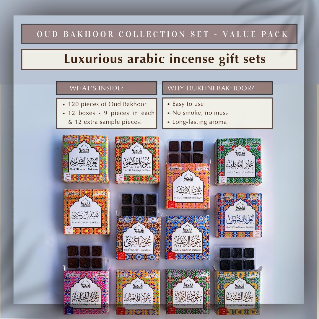 Oud Bakhoor Collection Set & Oud Al Ibtisam Attar Al Faraash by Dukhni | Authentic Arabic Bakhoor Incense Gift Set |12 Boxes Assorted scents oudh bakhour & 250ml Room Freshener, Bed Linen Mist Spray