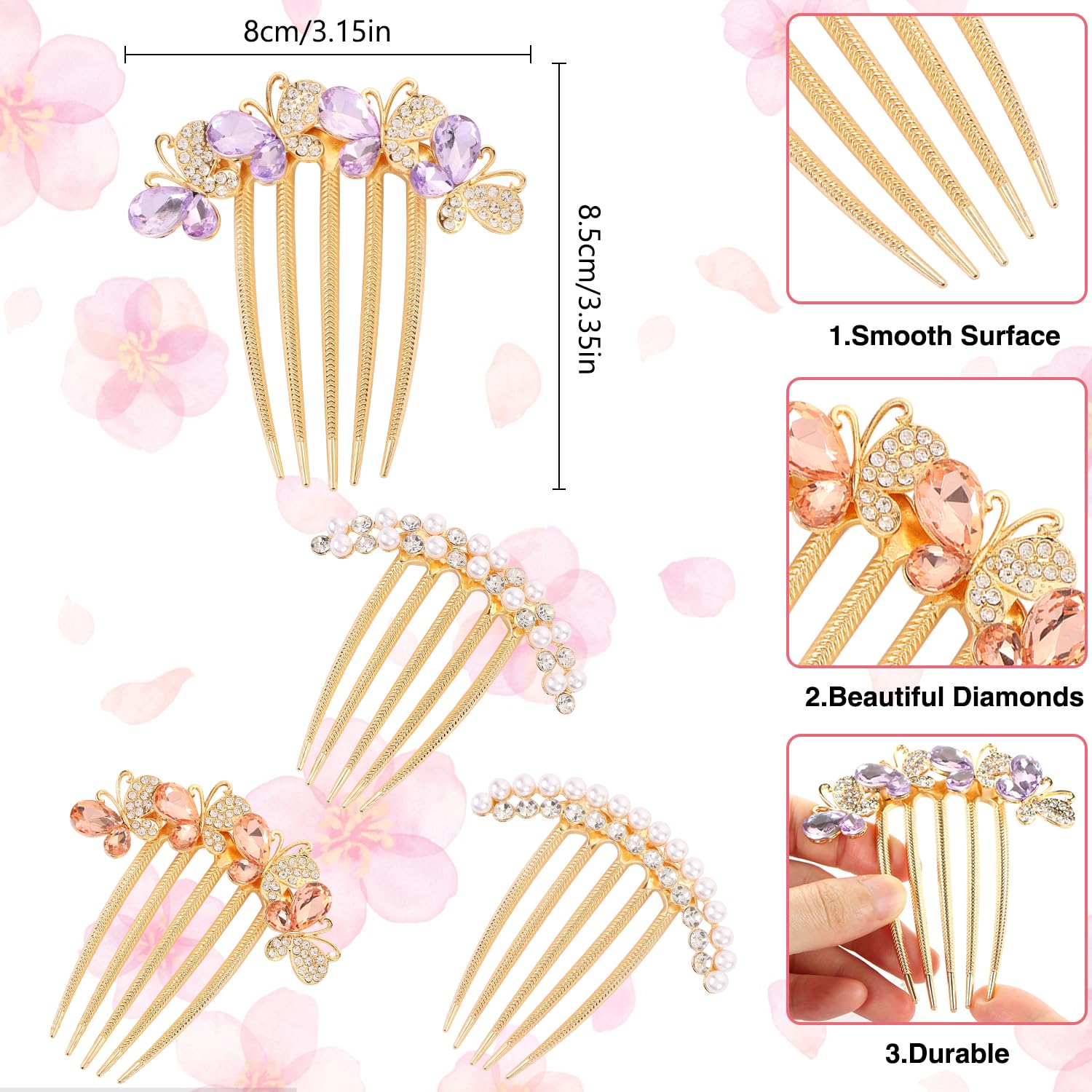 4 Pcs Pearl Rhinestones Hair Side Combs for Hair Accessories, Crystals Butterfly Hair Fork Clip for Updo Bun, Vintage Hair Combs Teeth Hair Pin for Women (Orange Purple Pearl Rhinestones) image 2