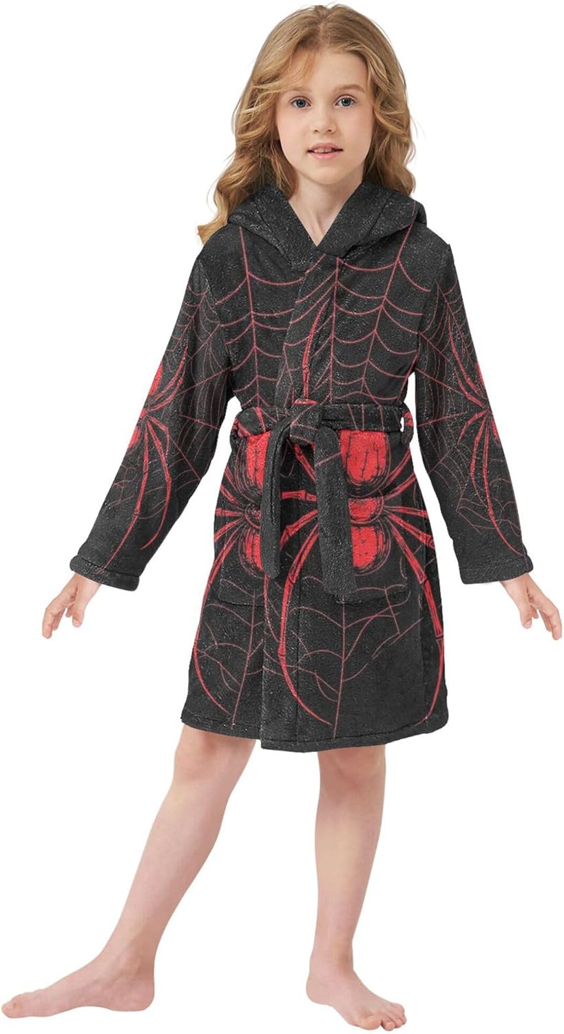 Halloween Spider Web Black Red Bathrobe Hooded PJ Robe Soft Fleece Robe Pajama Sleepwears 2-12 Years