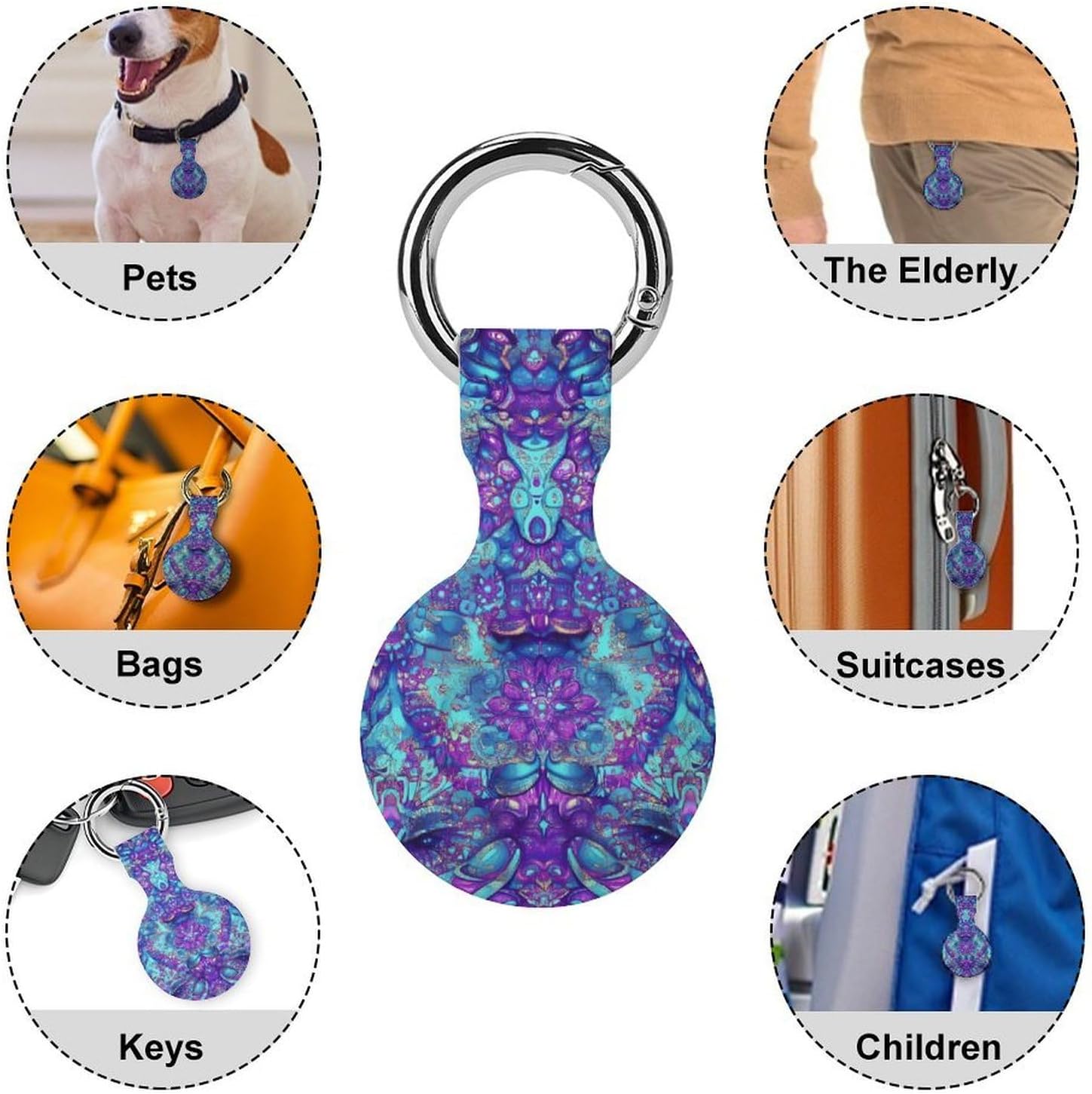 Psychedelic Mandala Hypnosis Case Compatible with AirTag Holder Cover with Keychain Ring for Bags Luggages