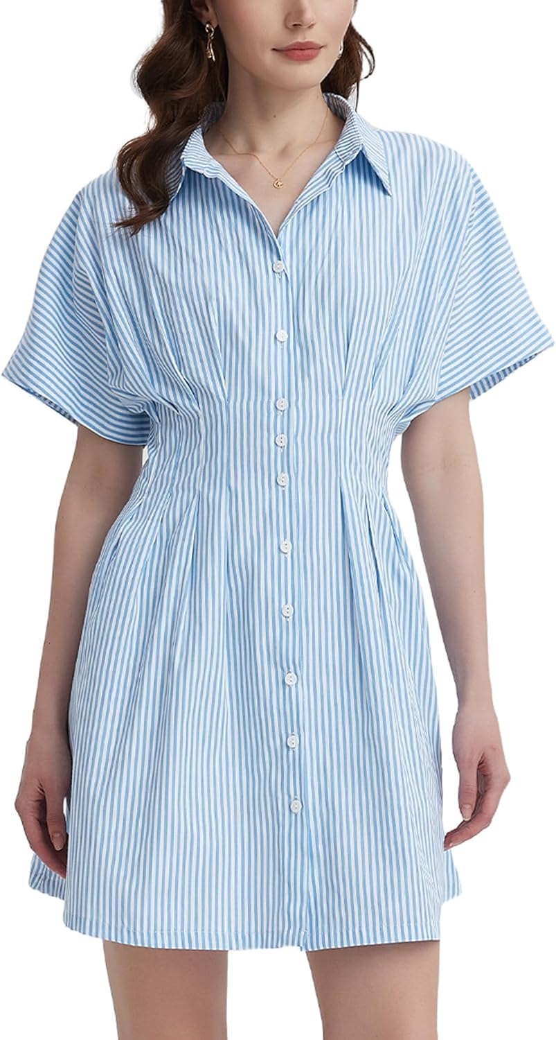 Women's Button Down Pleated Shirt Dress Short Sleeve Corset Waist Striped Summer Causal Mini Dresses