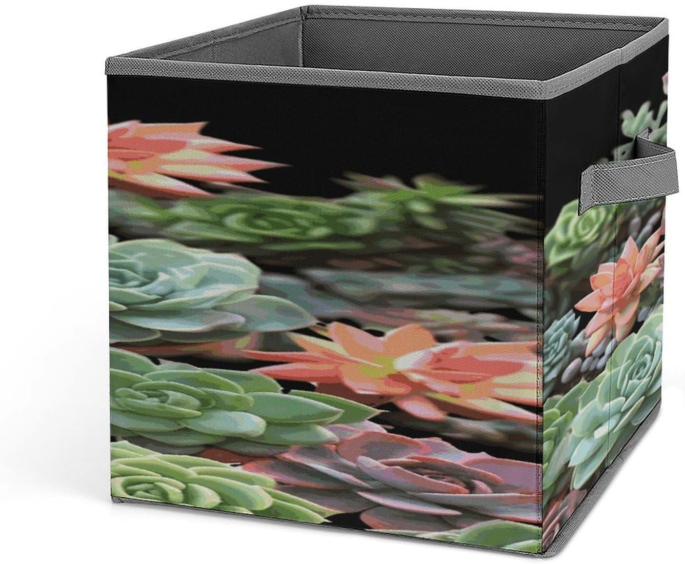 Succulents Fabric Bins Storage Basket Square Baskets | Storage Bin with Double Handles,Cube Collapsible Organizers for Organization,Closet,Shelves,Offices