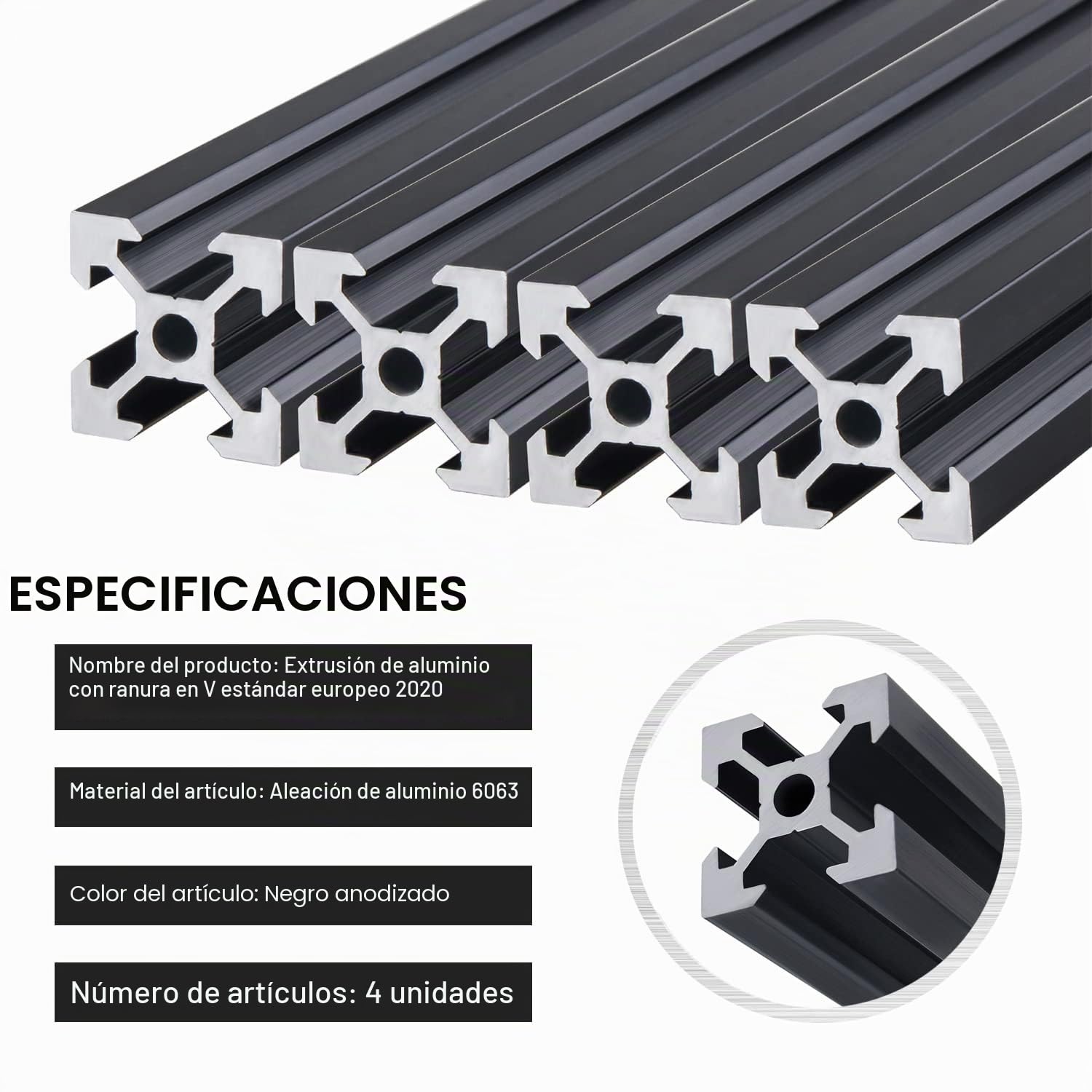 CNCMANS 4 piezas 500 mm 2020 perfil de aluminio extrusión tipo V negro estándar europeo anodizado guía lineal perfil de aluminio para impresoras 3D y máquinas CNC