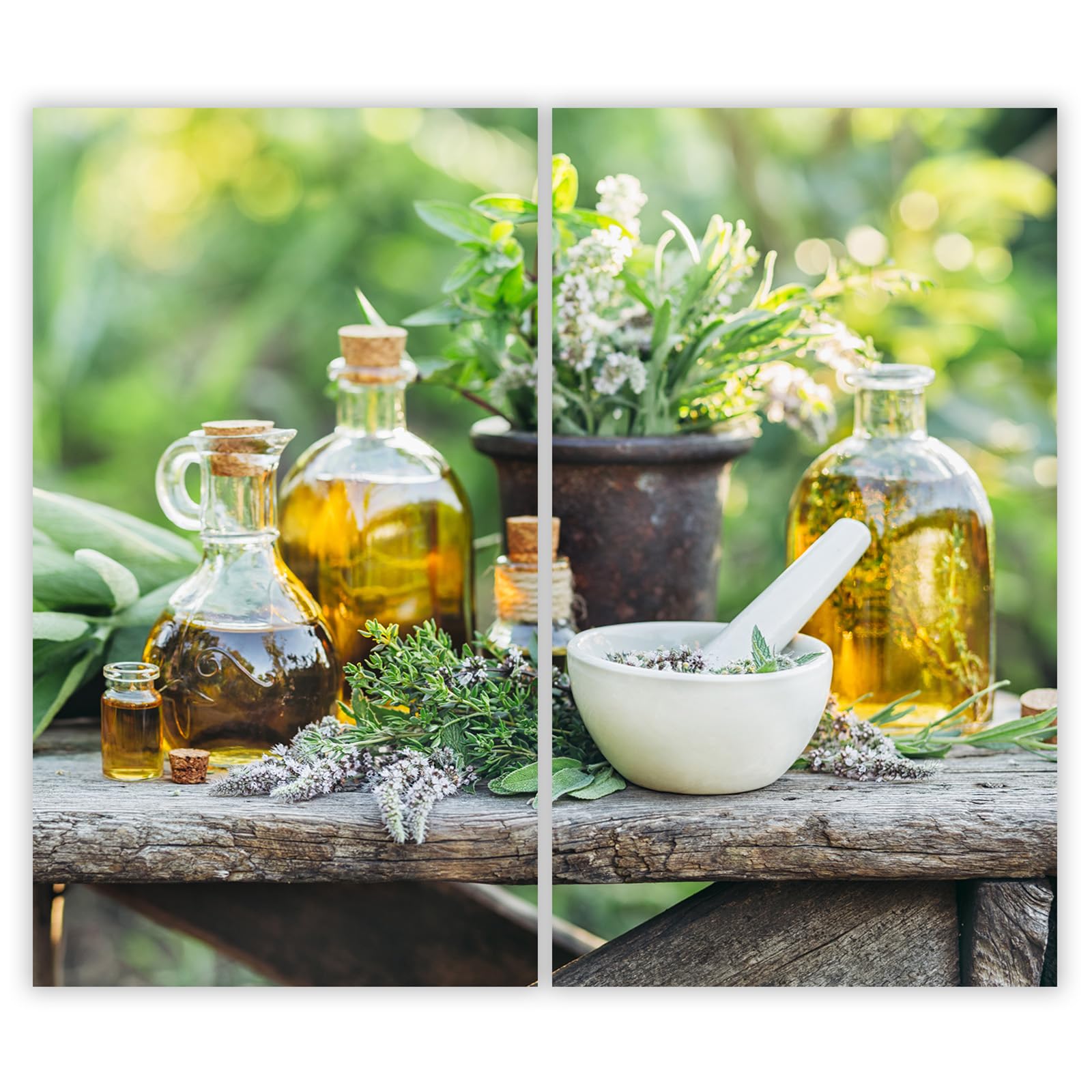 Herdabdeckplatte 2×30×52 cm – Mehr Arbeitsfläche, Spritzschutz & Schneidebrett – ESG Glas, kratzfest – für Induktion/Ceranfeld – 2-teilig, Motiv Lavendel Glasflasche Grün