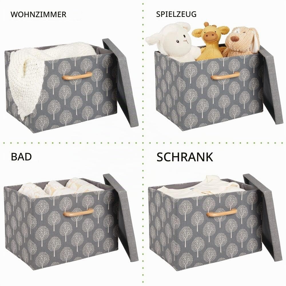 mDesign 2er-Set Aufbewahrungsbox – weich strukturierte Stapelbox mit Deckel und Holzgriff – stabile Faltbox mit Baummotiv aus Polyester für Bad, Schlafzimmer oder Kinderzimmer – grau