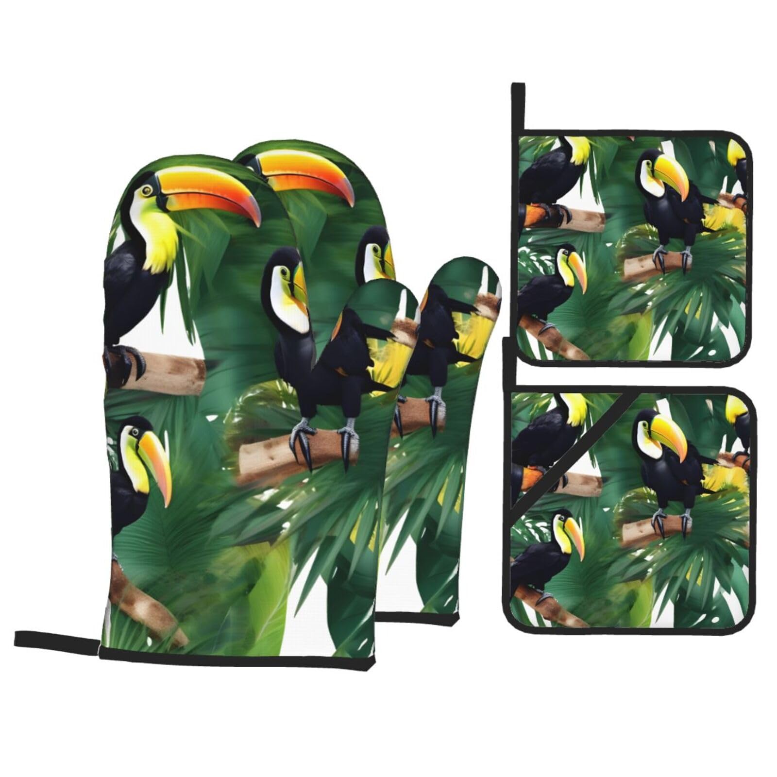 Toucans Parrot palm tree leaves Print 4-Piece Oven Microwaving Set Kitchen Gloves for Holiday Cooking Baking Grilling
