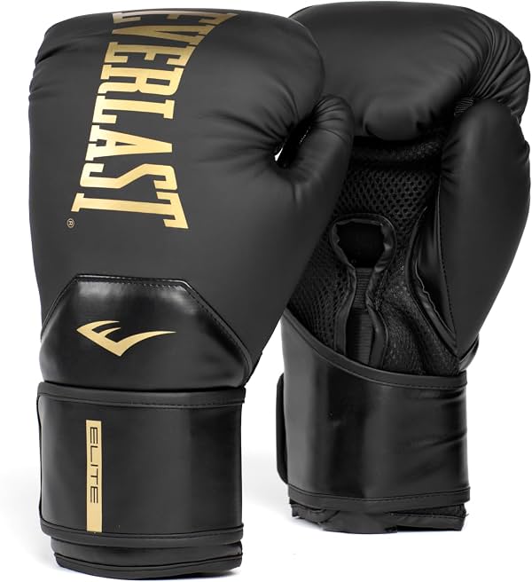 Everlast Elite 2 Guantes de Boxeo | Guantes de Entrenamiento Profesional y Saco Pesado | Hombres y Mujeres | Palma Ventilada | Protección Multi Capas | Negro/Oro, 16 oz