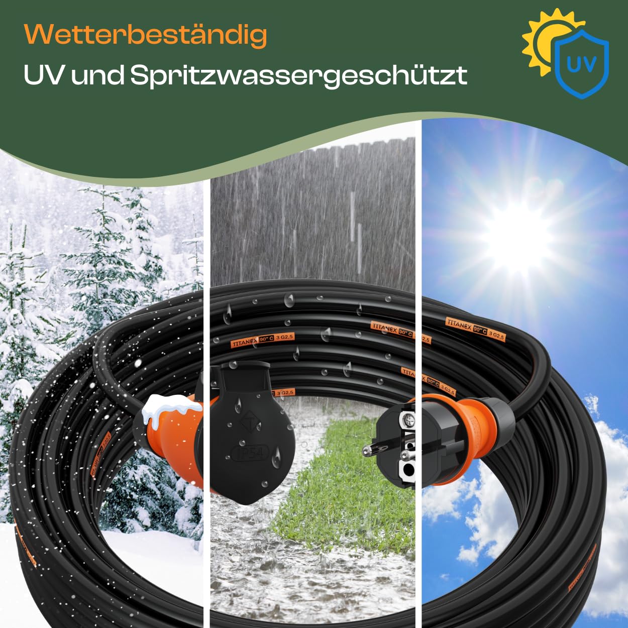 Verlängerungskabel 10 Meter IP54 Außen Verlängerung 10m Stromkabel Außenbereich Kabel Strom Verlaengerungskabel Gummikabel TITANEX 3x2,5 Schuko Outdoor Extension Cord