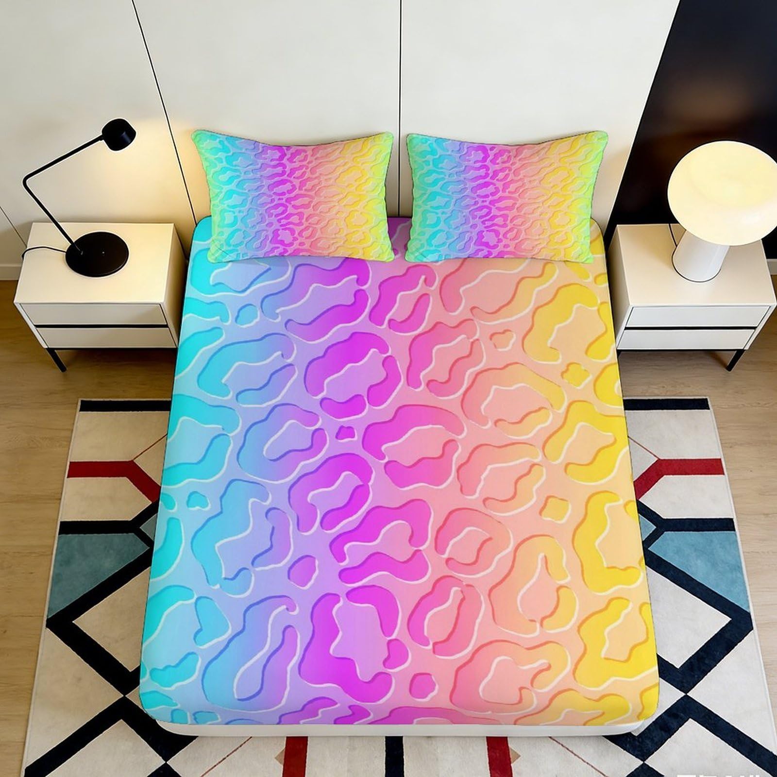 3D Printed Rainbow Gradient Fitted Sheet Microfiber Soft Abstract Leopard Mattress Cover for Bedroom Guest Room Decor 120x200x25cm