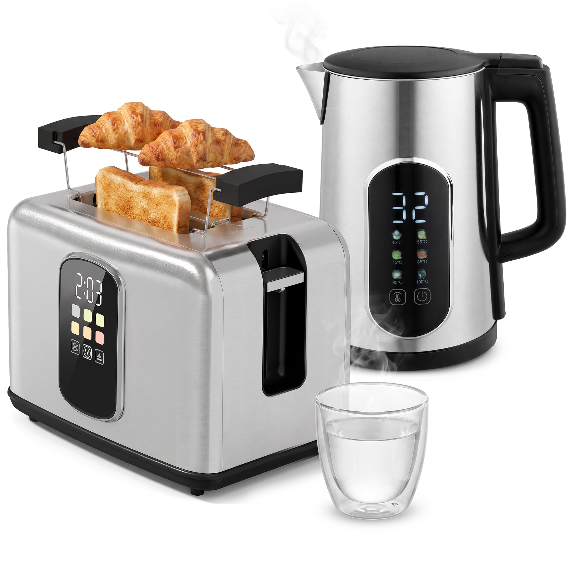 HOMCOM 1.5L 3000W Kettle and Toaster Set with LED Touch Screen, Silver