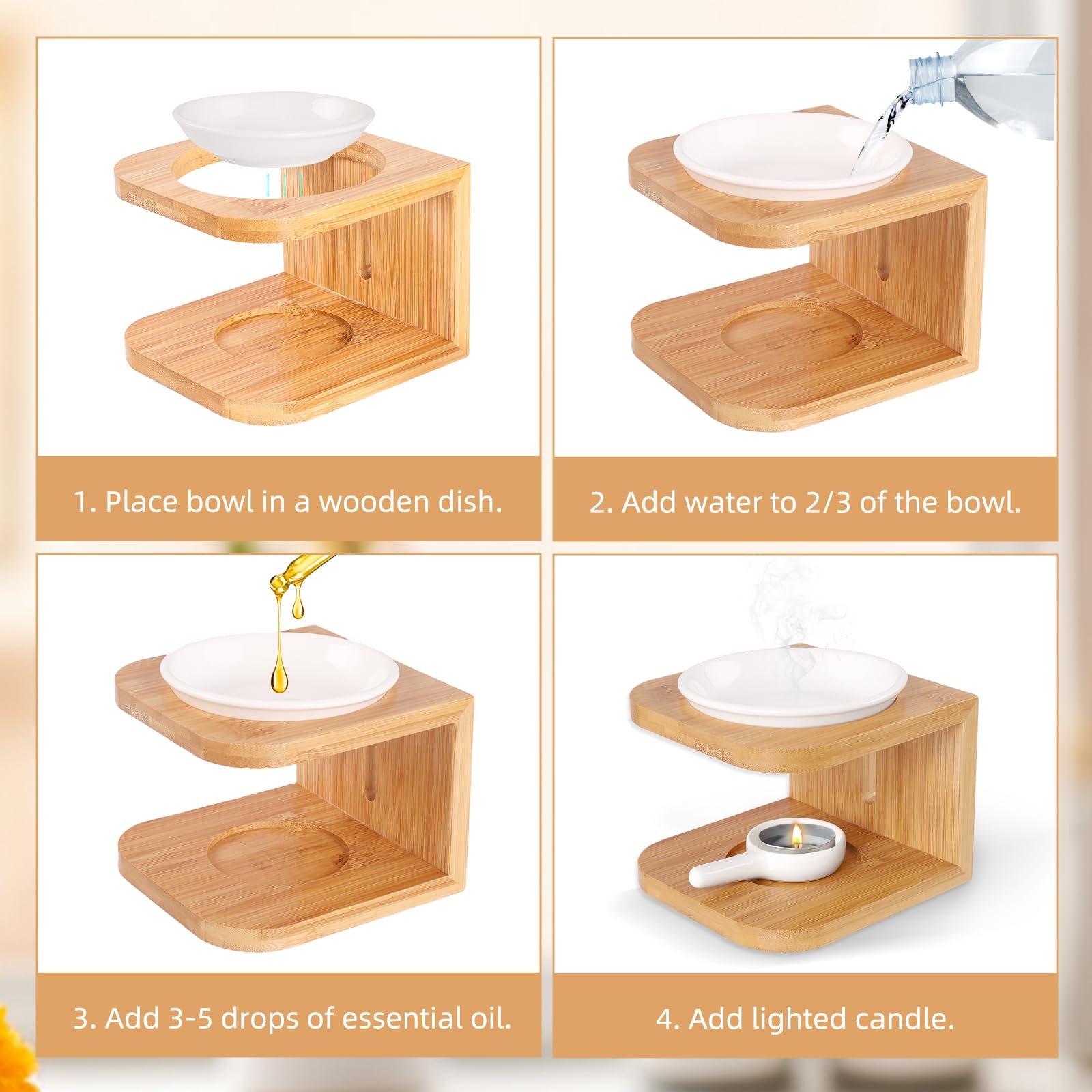 Yiomxhi Duftlampe Aus Bambus & Keramik - Aromalampe Für ätherische Öle Mit Teelicht