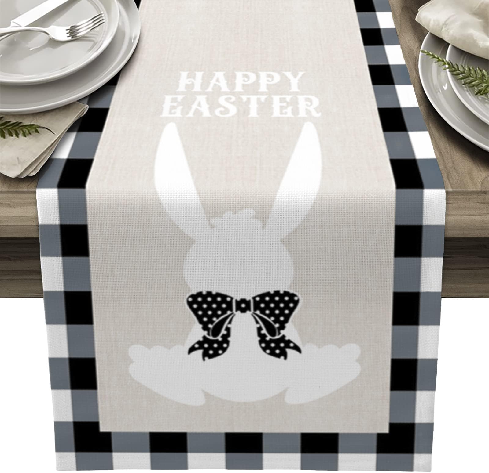 OYATONHappy Easter Bunny Table Runner with Black and White Gingham Buffalo Plaid, 13 x 72 Easter Day Home Decoration for Dining Table, Easter Spring Vintage and Farmhouse Kitchen Decor (Plaid)