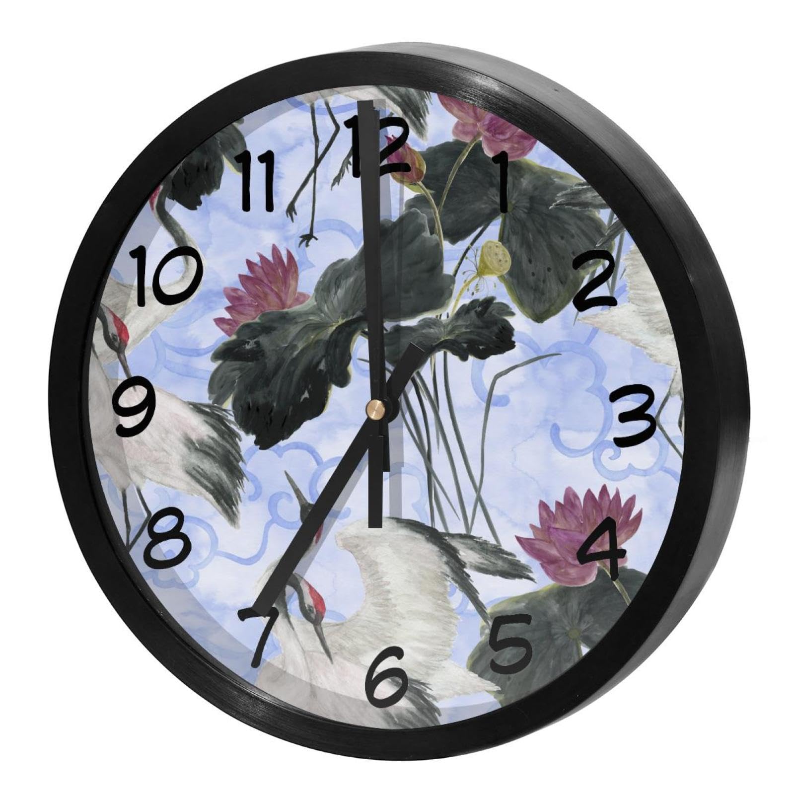 Horloge murale silencieuse à quartz motif grue et lotus pour la cuisine et le salon