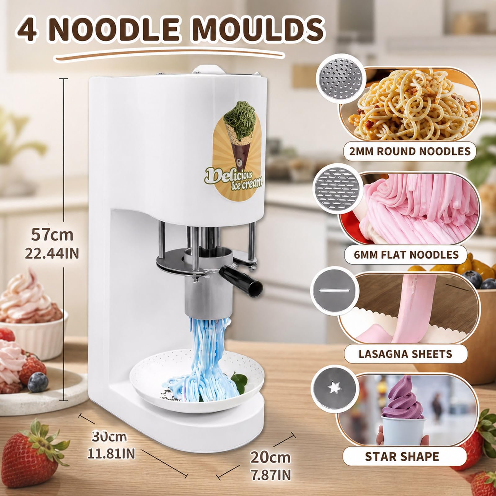 Macchina per Gelato Professionale, MáQuina para Hacer Helado Tipo Espagueti, Fácil manejo con una Sola Mano, Estructura Ligera, para Hacer Helado de Pasta, para Food Trucks White
