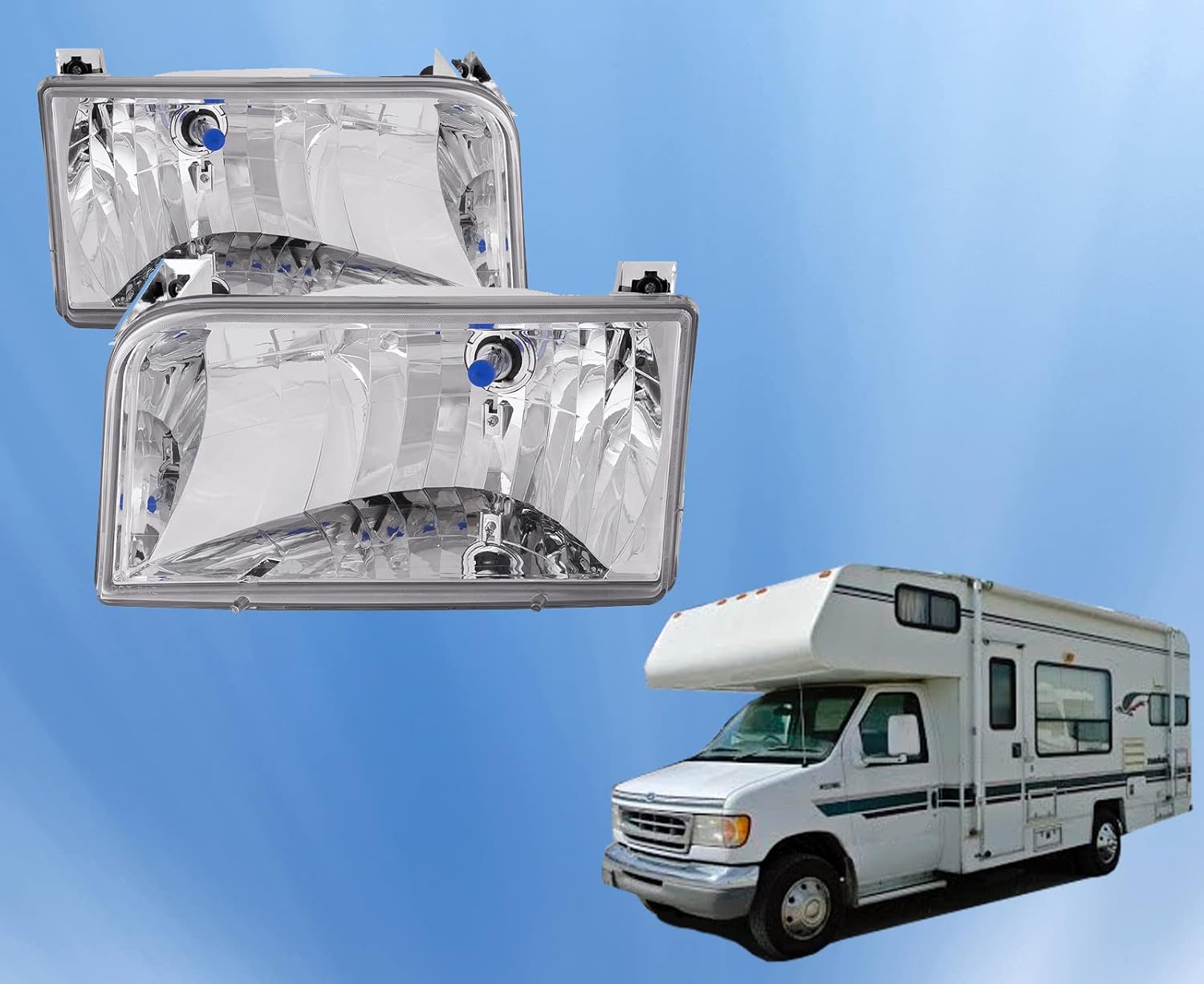 HEADLIGHTSDEPOT Chrome Housing Halogen Left and Right Headlights Pair Compatible With Coachmen Catalina 1996-2000
