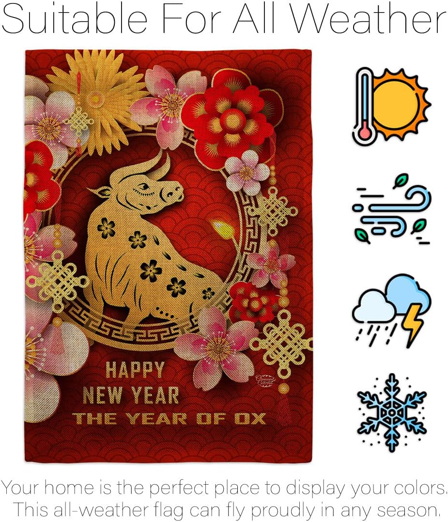 Year of Ox Burlap Garden Flag Set Wall Hanger Winter Lunar New Good Luck Prosperous Seasonal Arrival Blessing House Decoration Banner Small Yard Gift Double-Sided, Made in USA