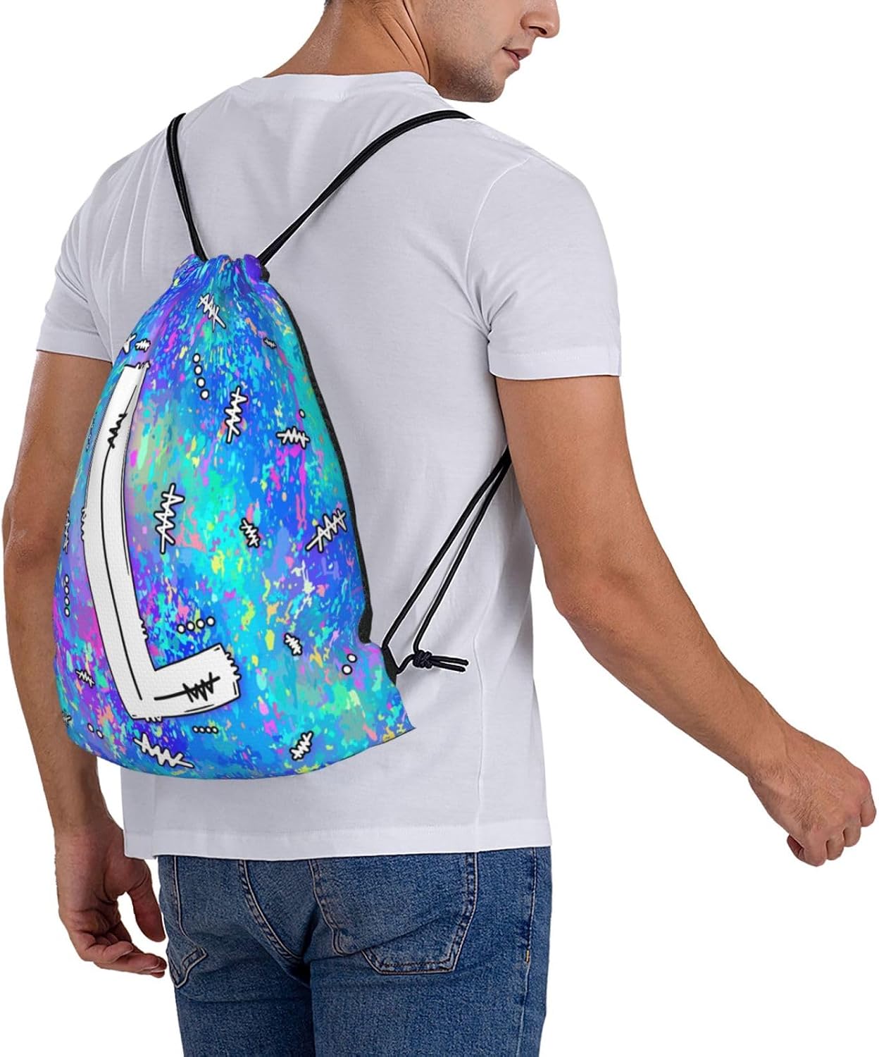 Drawstring Backpack Bag Sport Gym Sackpack Initial Blue Draw String Cinch Bags Bulk String Backpack Storage Bag for Women Men Letters L