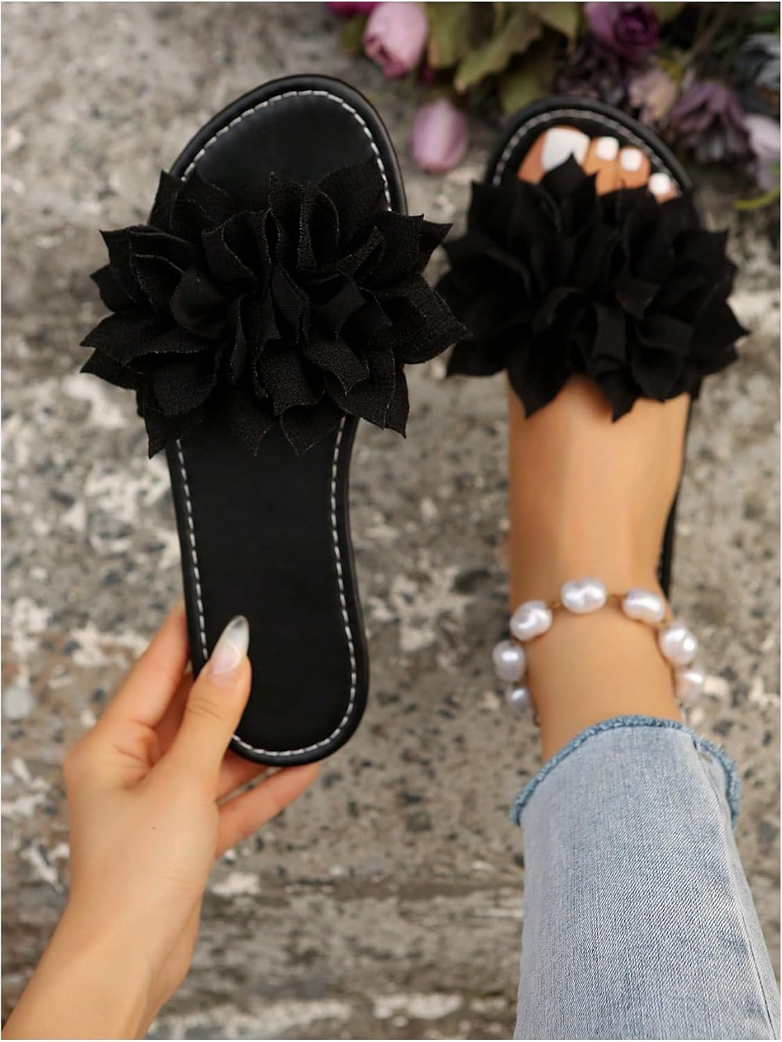 OYOANGLE Women's Floral Appliques Open Toe Flat Sandals Comfortable Summer Beach Slip on Slide Sandal - Image 2