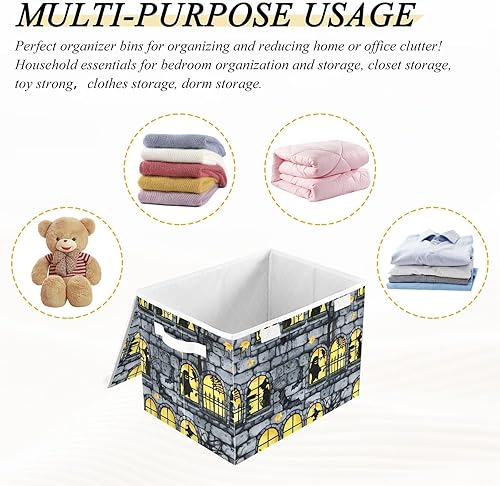 Miniatura 7 de Ollabaky Gothic Castle - Contenedor de almacenamiento plegable de Halloween con tapa, caja de almacenamiento grande, organizador de cubos con asas,