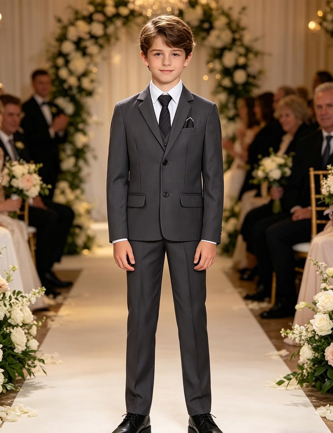A&J DESIGN Boys 5 Piece Suit Slim Fit Blazer Pant Tie Bowtie Pocket Square