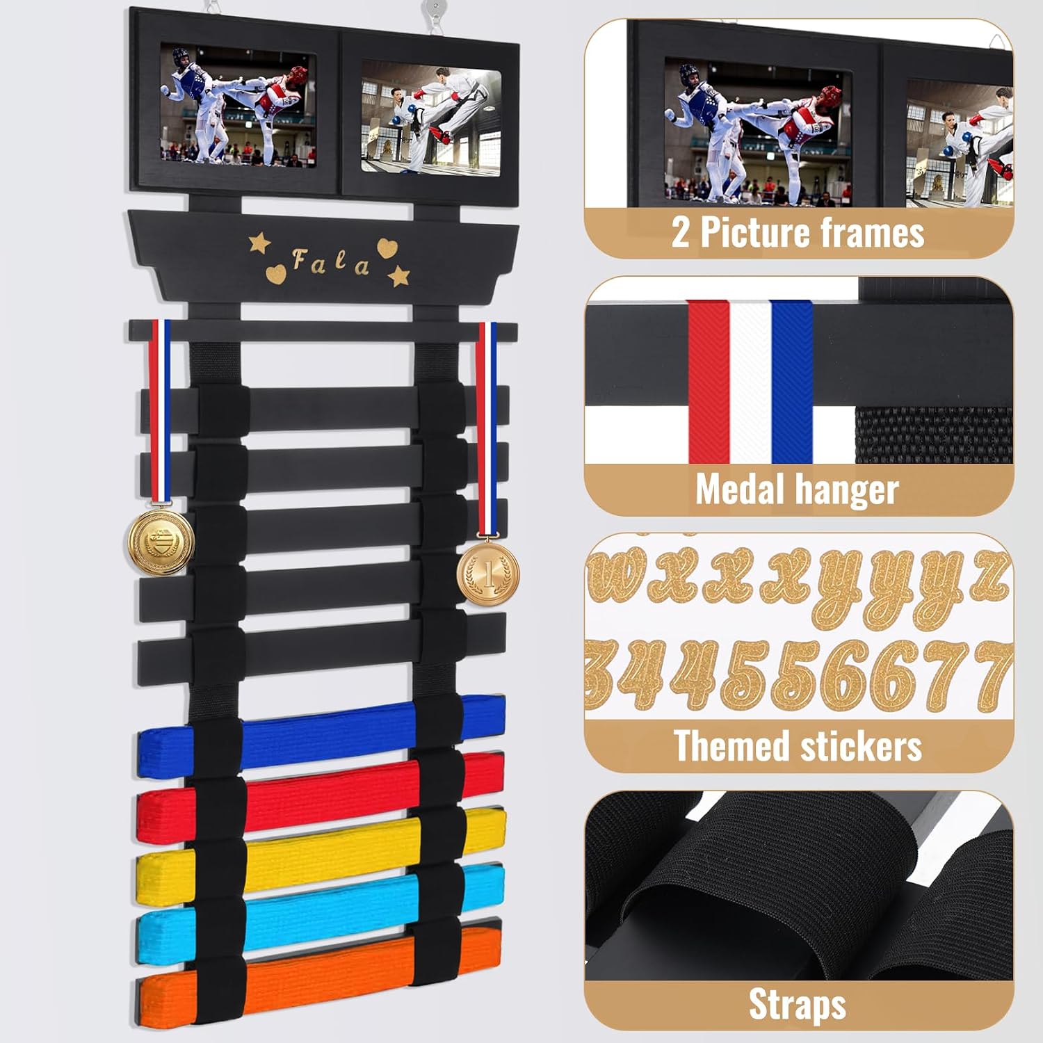 Karate Belt Display Rack with Picture Frames - Elastic Strap Design Holds 10 Belts, Medal Hanger Wall Mount with Customizable Stickers, Wood Martial Arts Belt Organizer for Taekwondo & Kung Fu