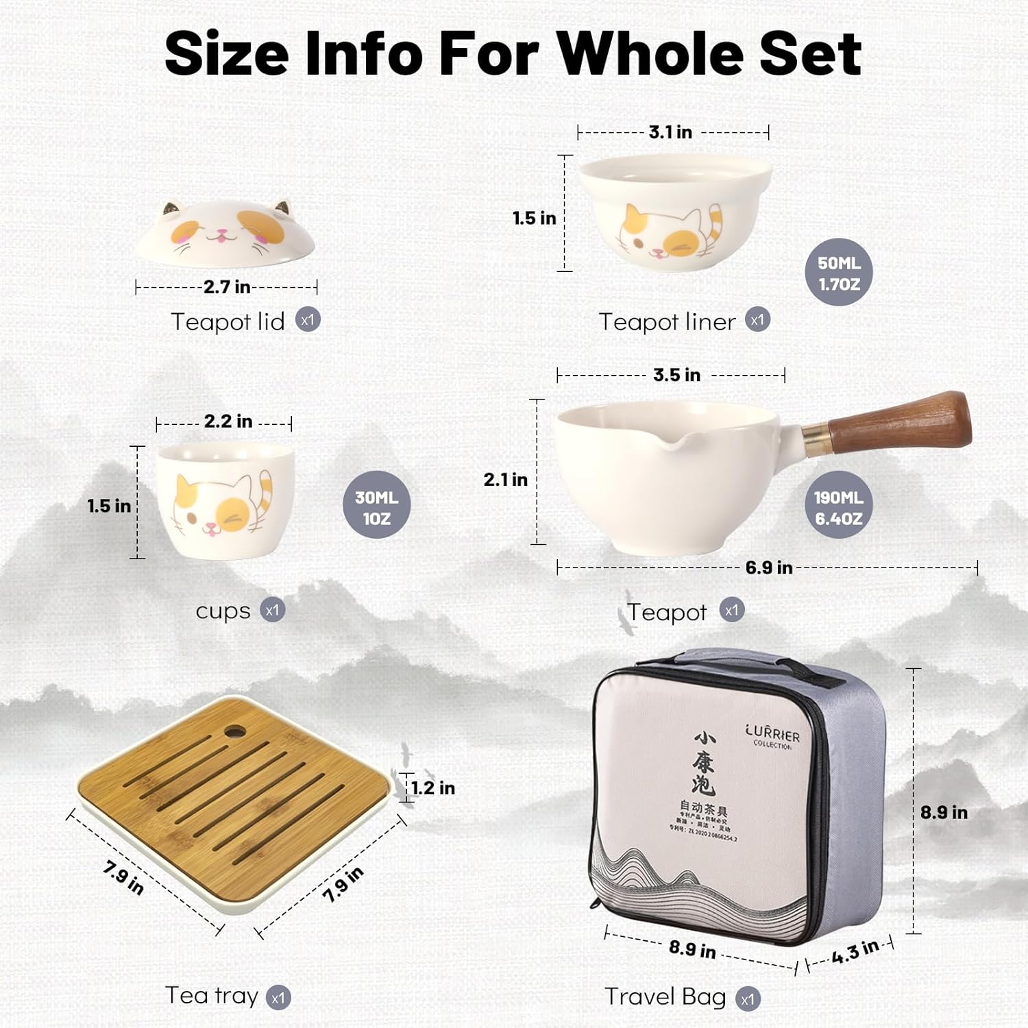 LURRIER Porcelain Chinese Gongfu Tea Set,Portable Teapot Set with 360 Rotation Tea maker and Infuser,Portable All in One Gift Bag for Travel,Home,Gifting,Outdoor and Office (Kitty Cat) - Image 3